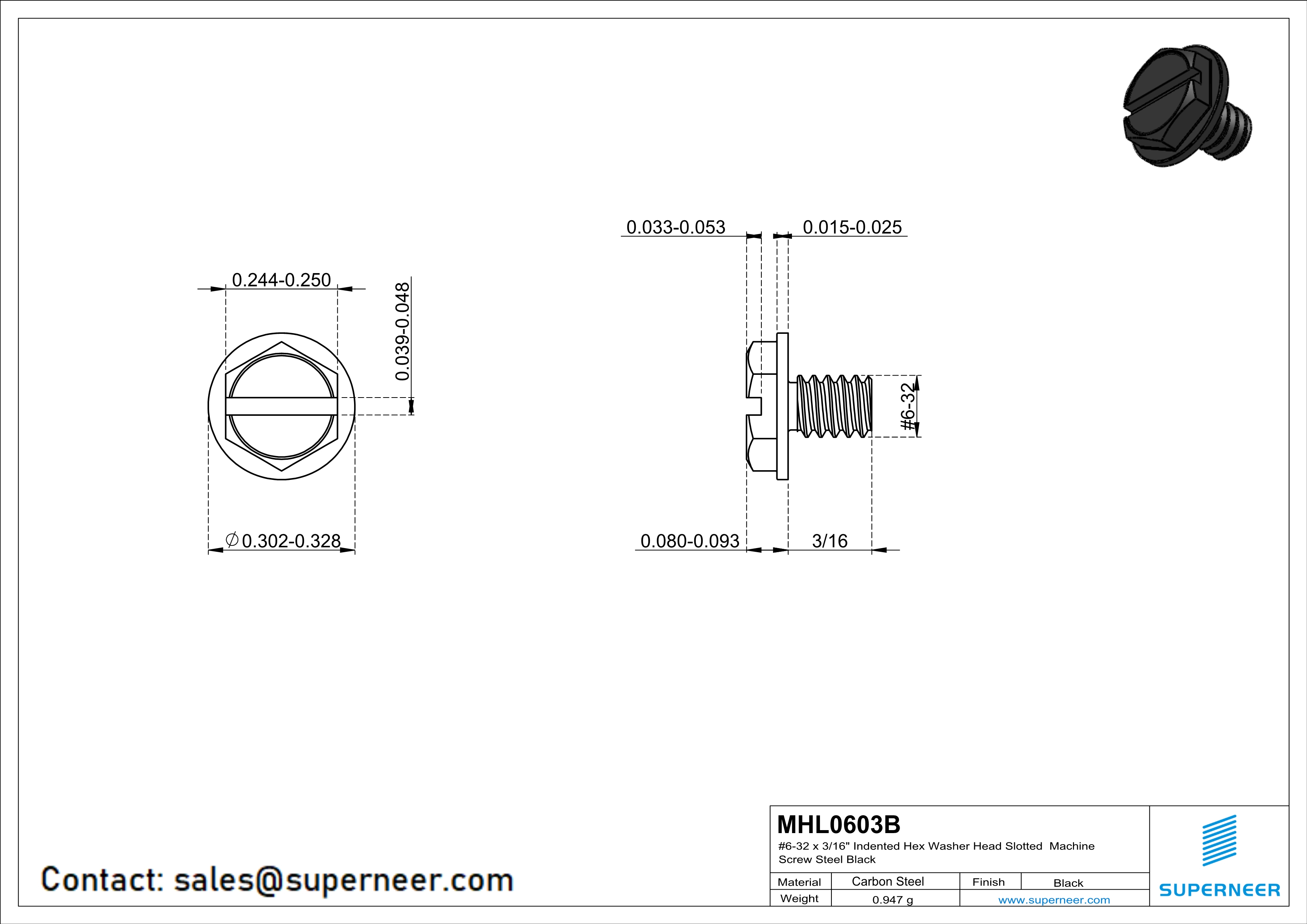 6-32 x 3/16" Indented Hex Washer Head Slotted Machine Screw Steel Black