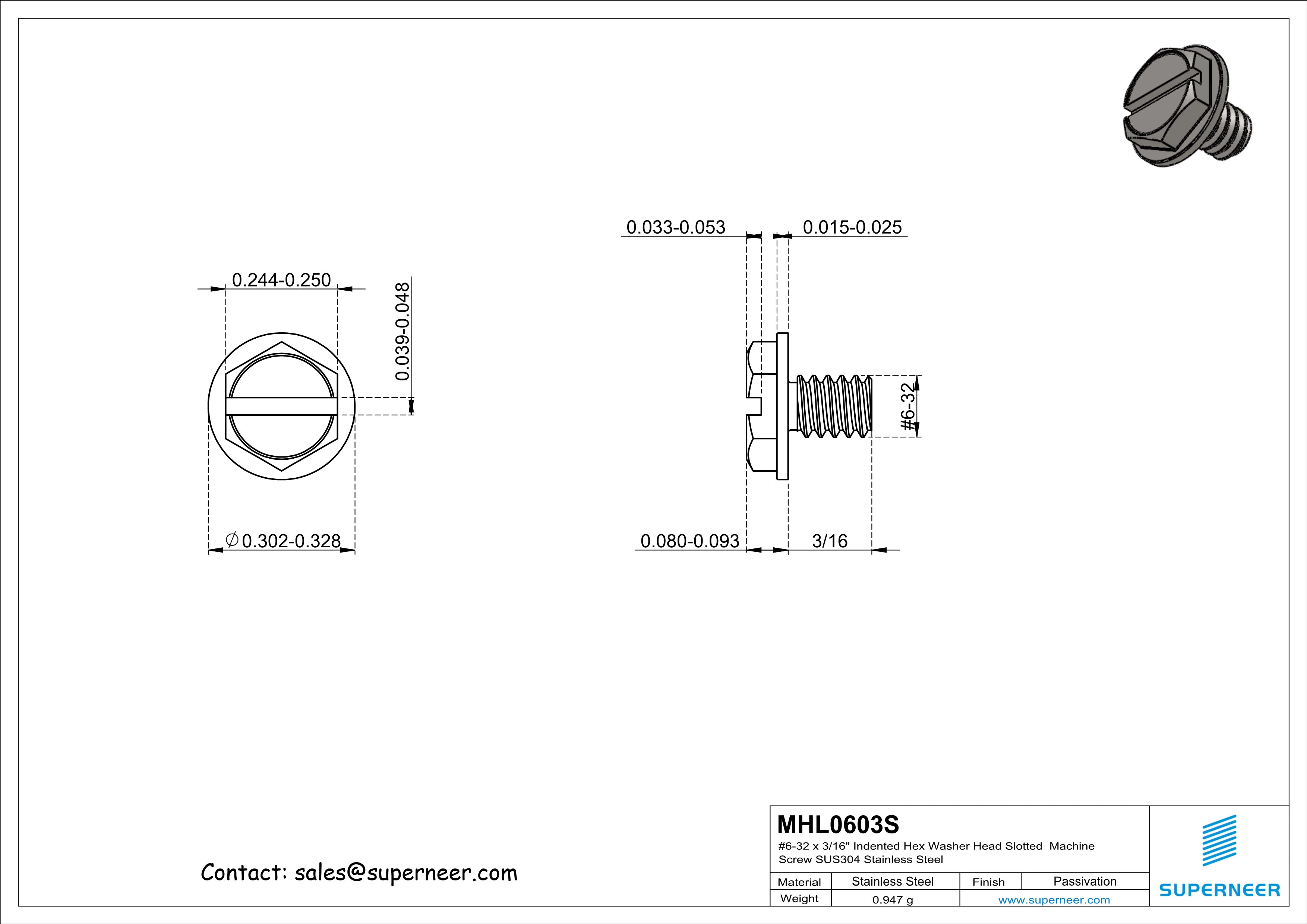 6-32 x 3/16" Indented Hex Washer Head Slotted Machine Screw SUS304 Stainless Steel Inox