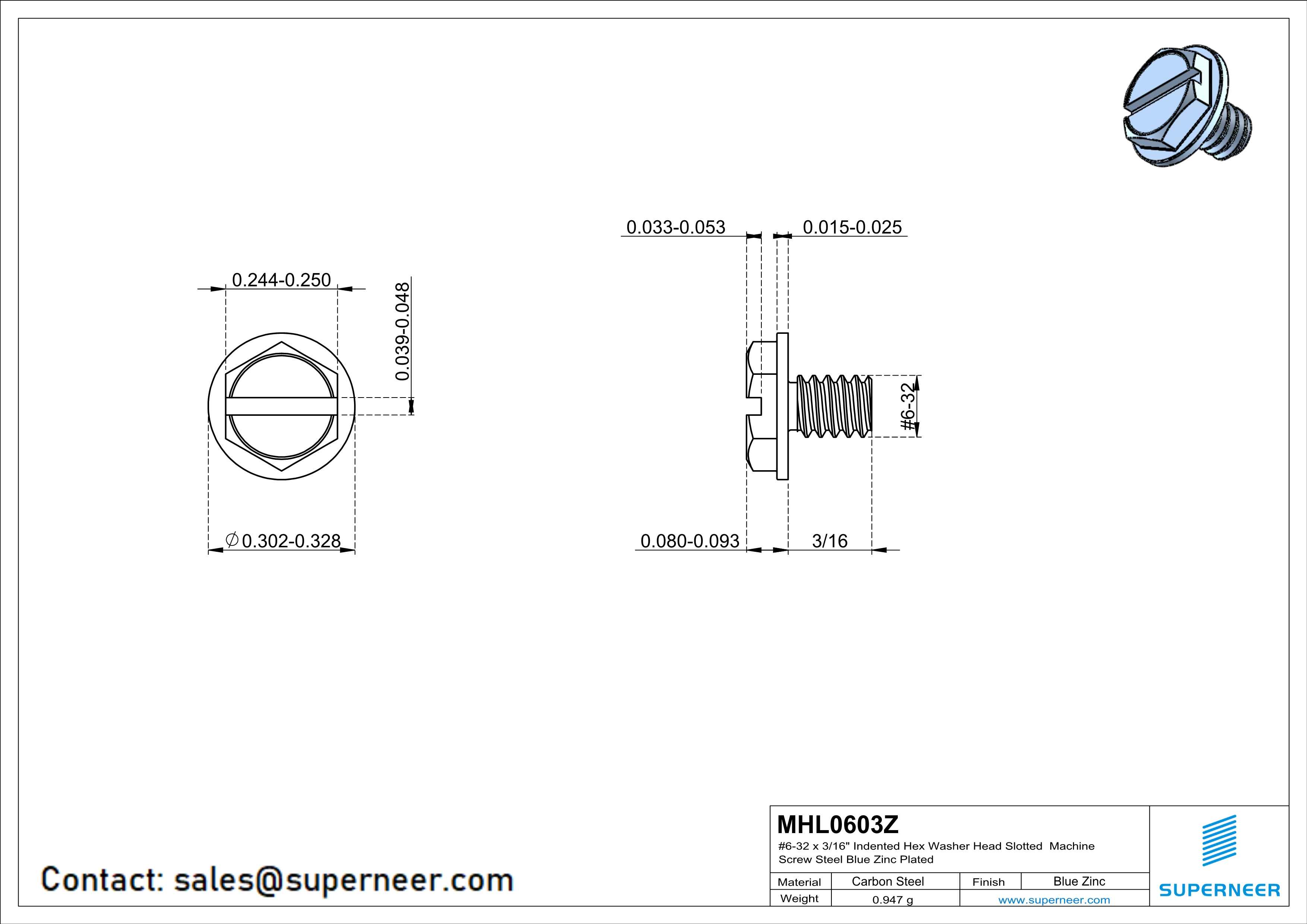 6-32 x 3/16" Indented Hex Washer Head Slotted Machine Screw Steel Blue Zinc Plated