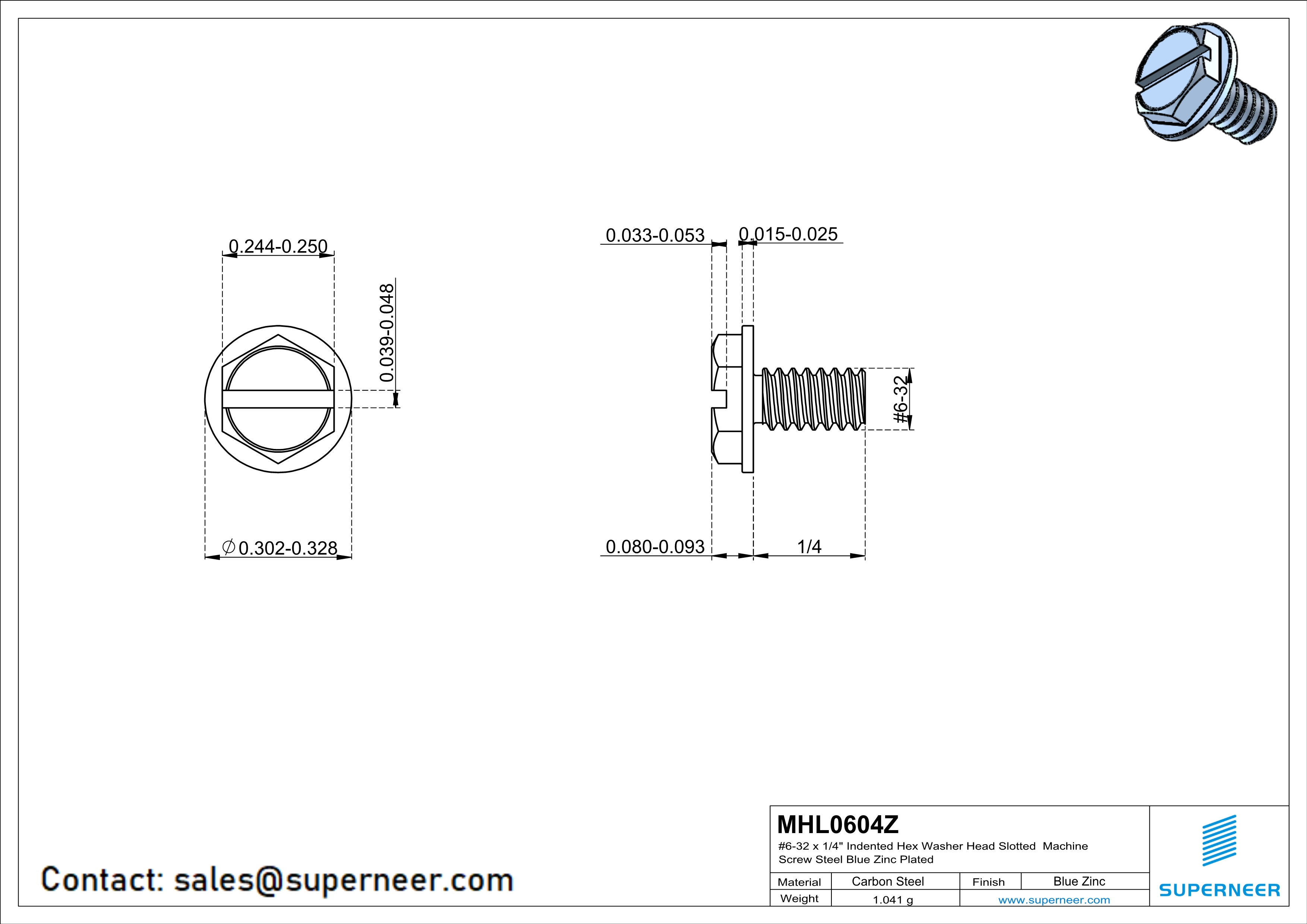 6-32 x 1/4" Indented Hex Washer Head Slotted Machine Screw Steel Blue Zinc Plated