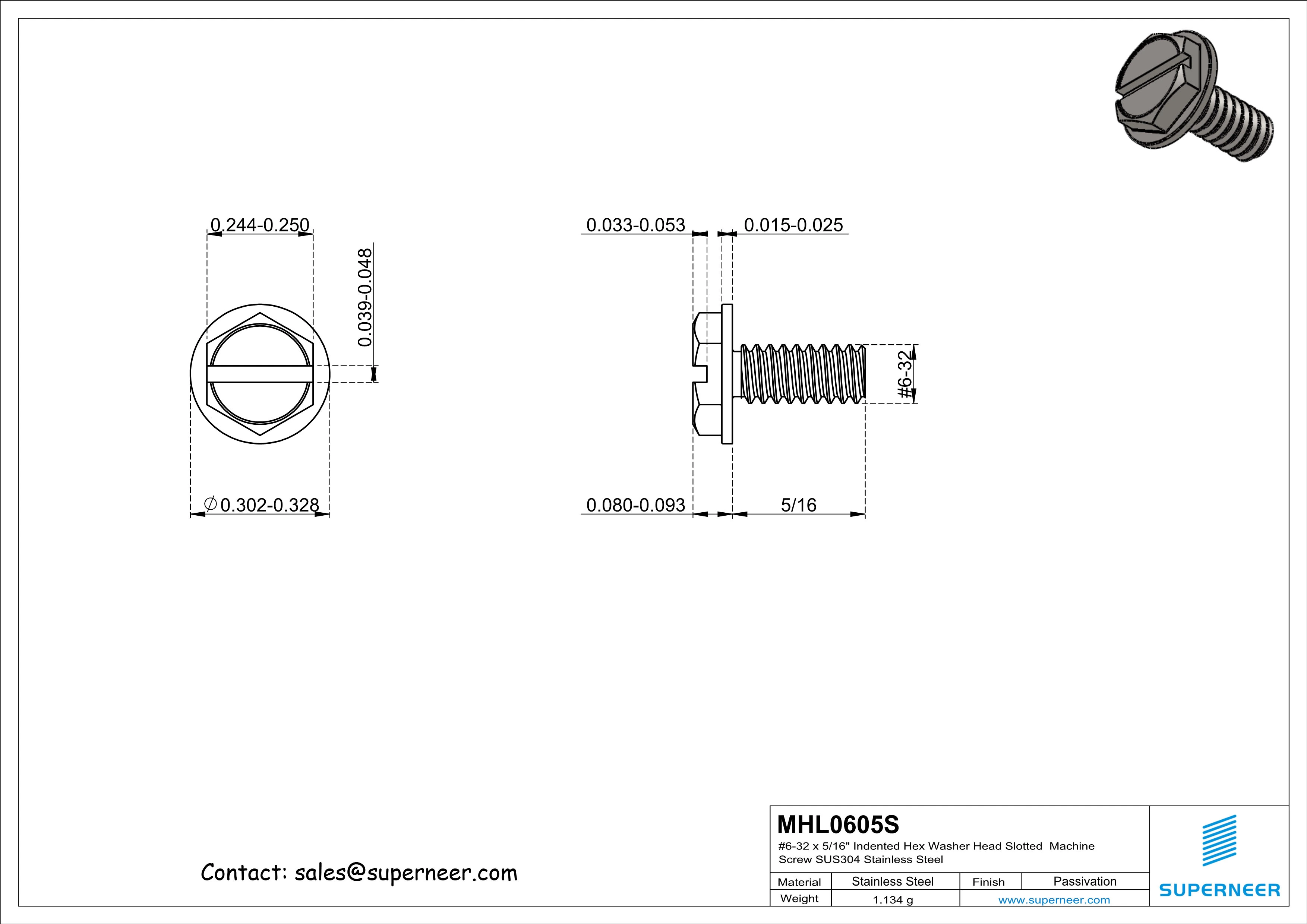 6-32 x 5/16" Indented Hex Washer Head Slotted Machine Screw SUS304 Stainless Steel Inox