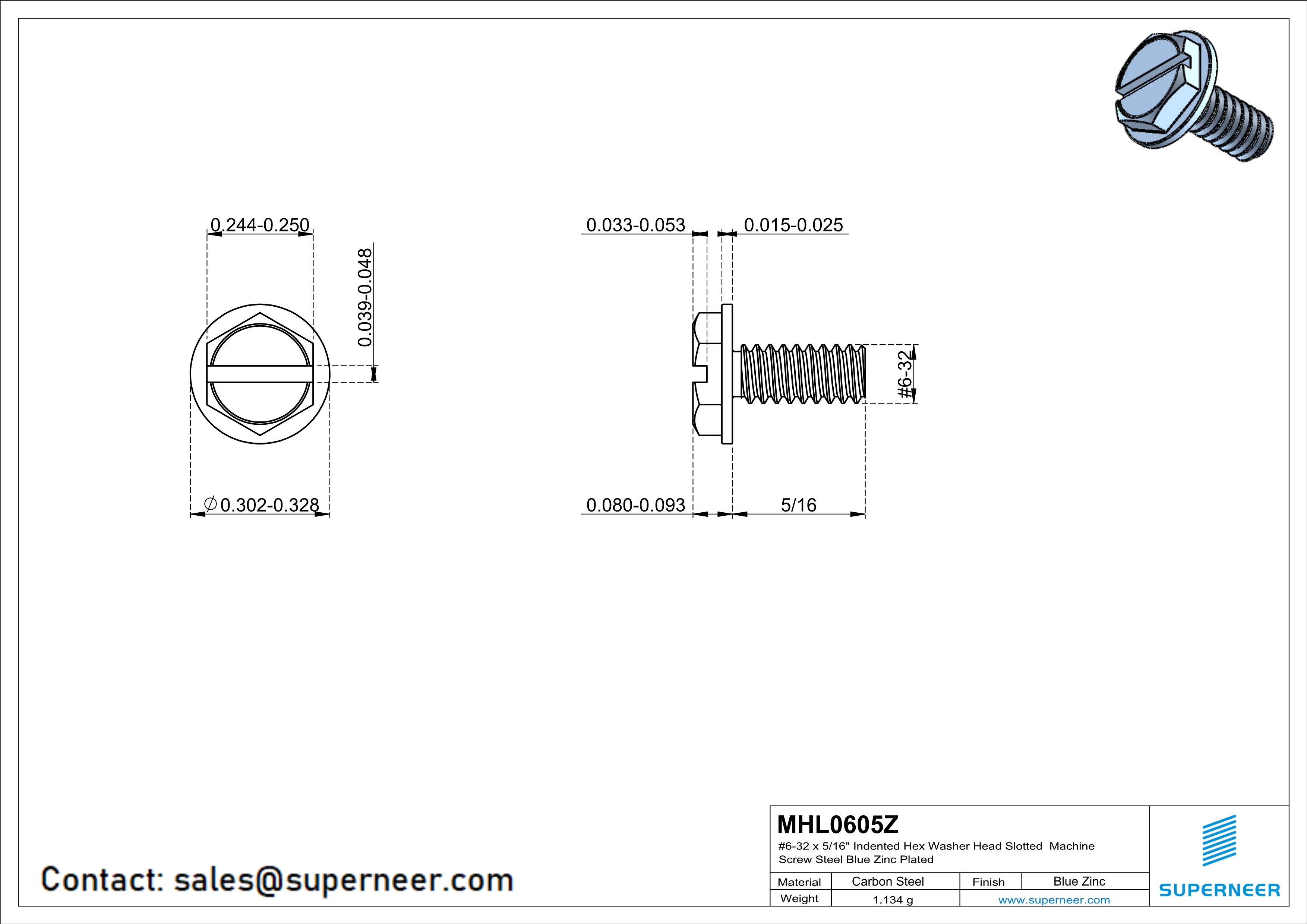 6-32 x 5/16" Indented Hex Washer Head Slotted Machine Screw Steel Blue Zinc Plated