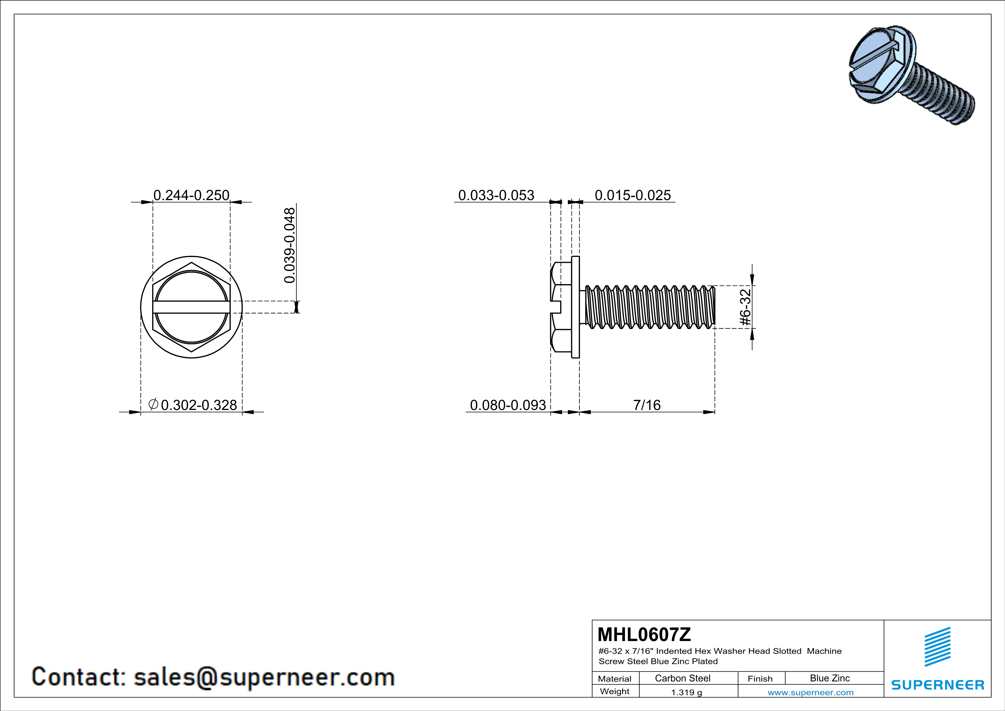 6-32 x 7/16“ Indented Hex Washer Head Slotted Machine Screw Steel Blue Zinc Plated