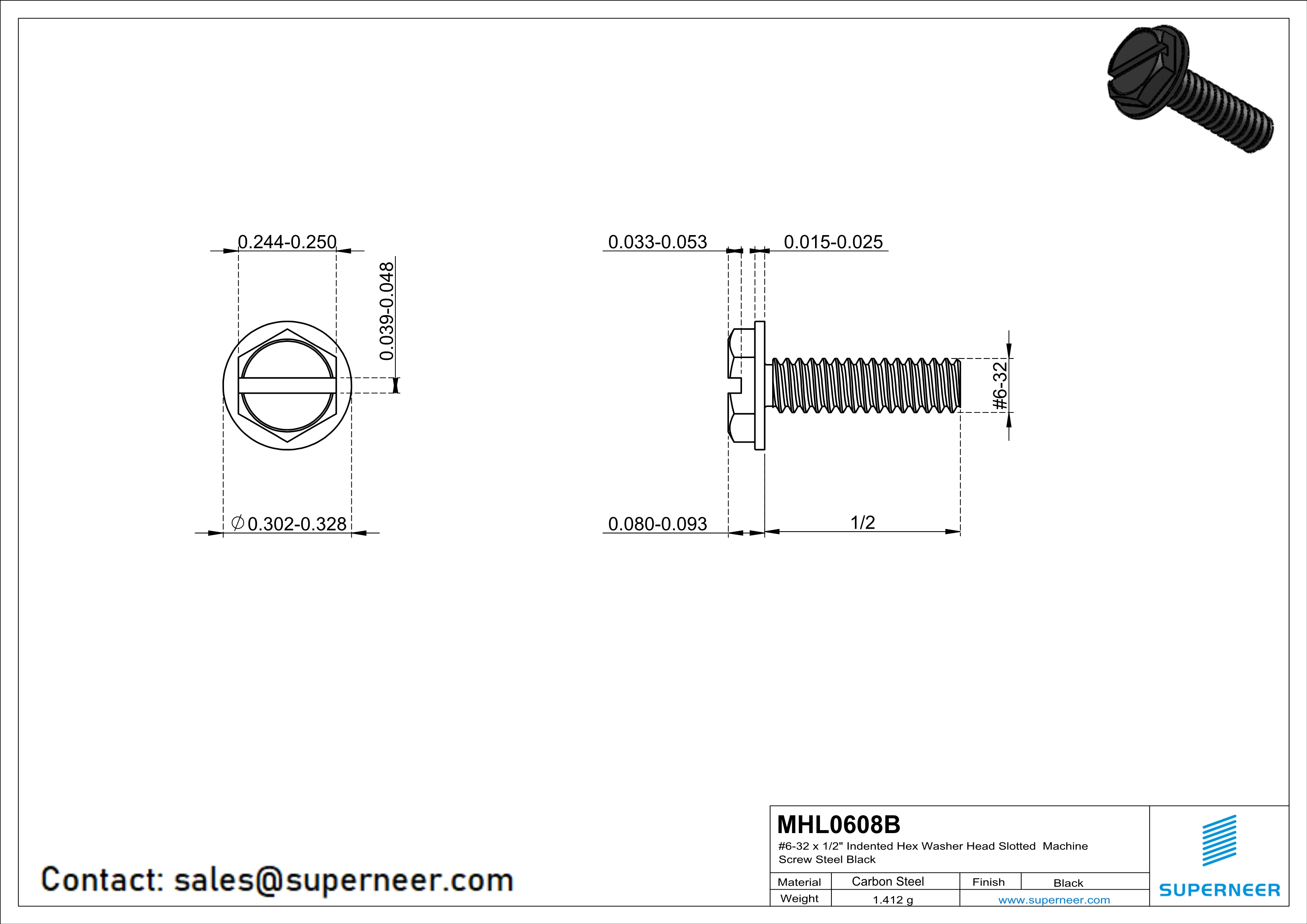 6-32 x 1/2" Indented Hex Washer Head Slotted Machine Screw Steel Black