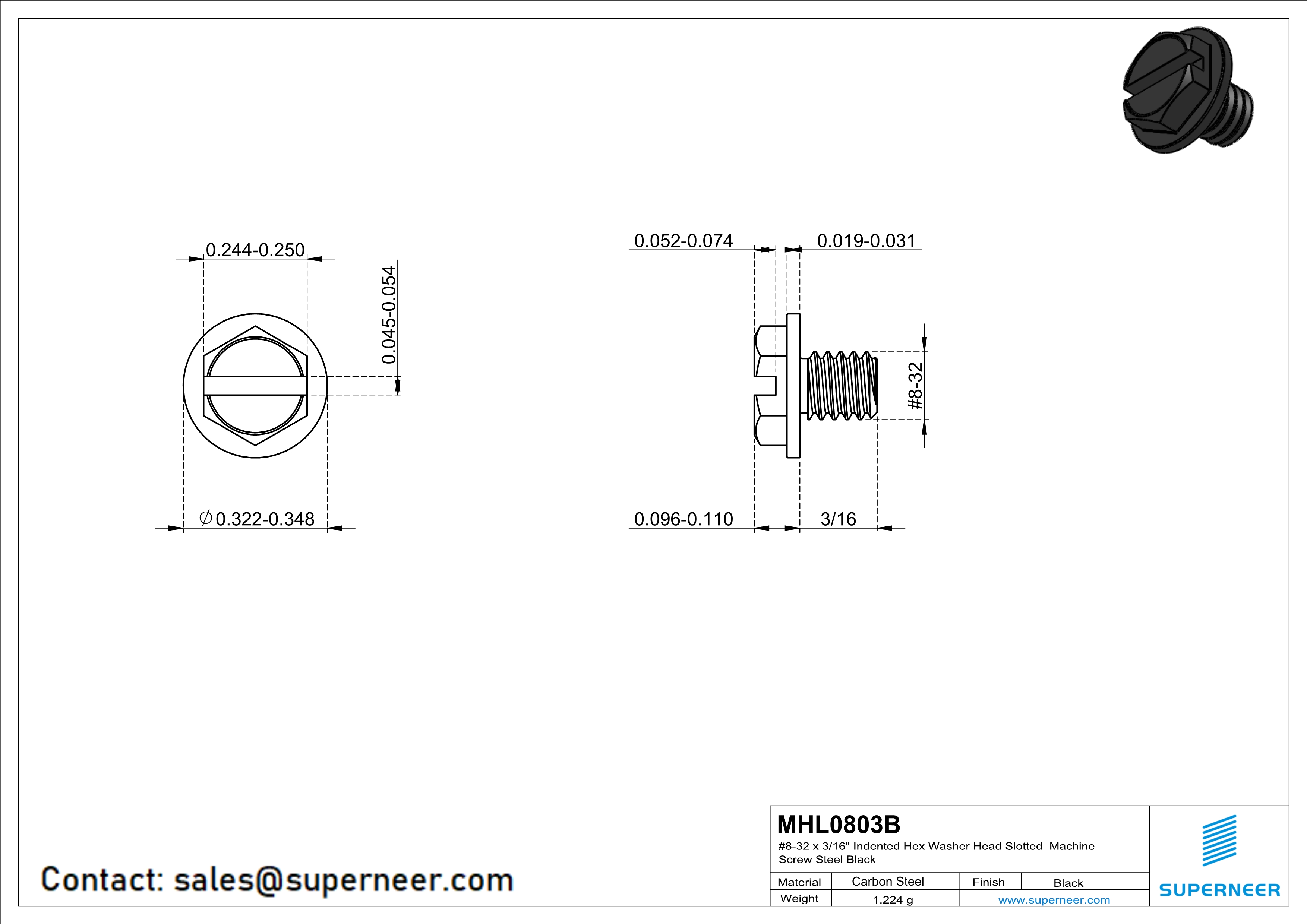 8-32 x 3/16" Indented Hex Washer Head Slotted Machine Screw Steel Black