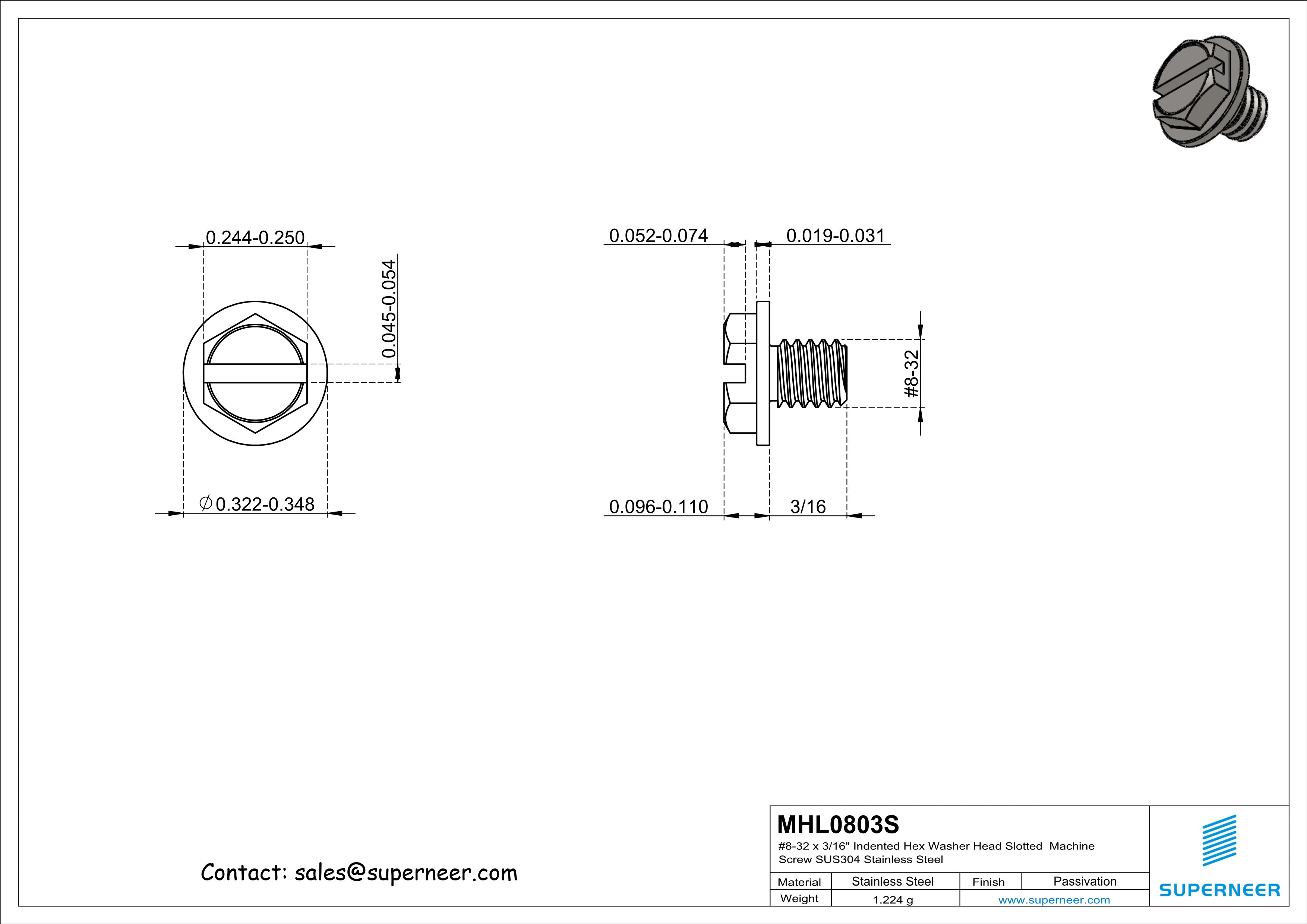 8-32 x 3/16" Indented Hex Washer Head Slotted Machine Screw SUS304 Stainless Steel Inox