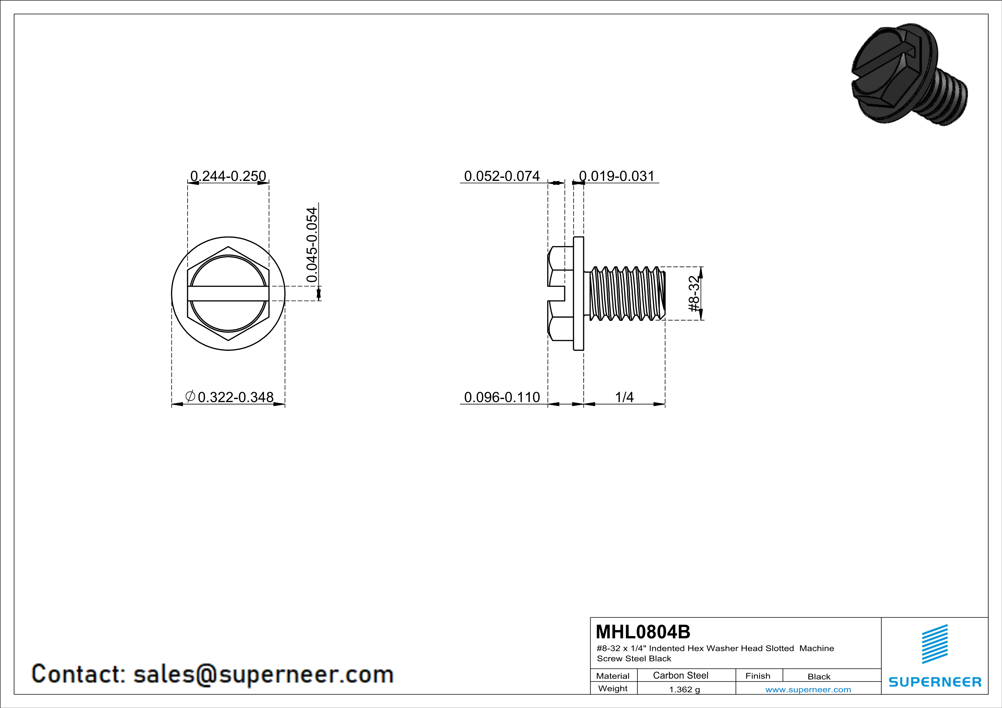 8-32 x 1/4" Indented Hex Washer Head Slotted Machine Screw Steel Black