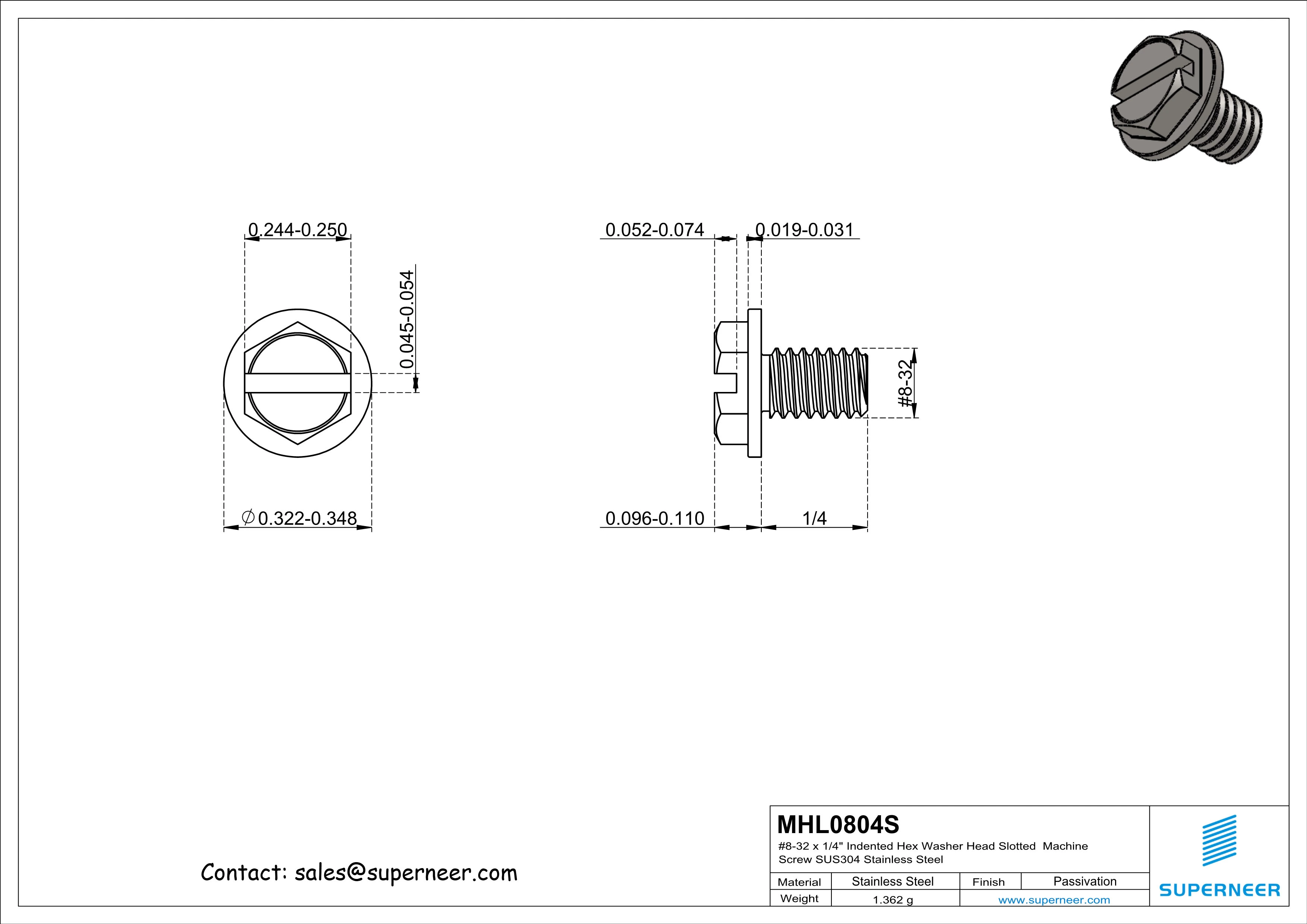 8-32 x 1/4" Indented Hex Washer Head Slotted Machine Screw SUS304 Stainless Steel Inox