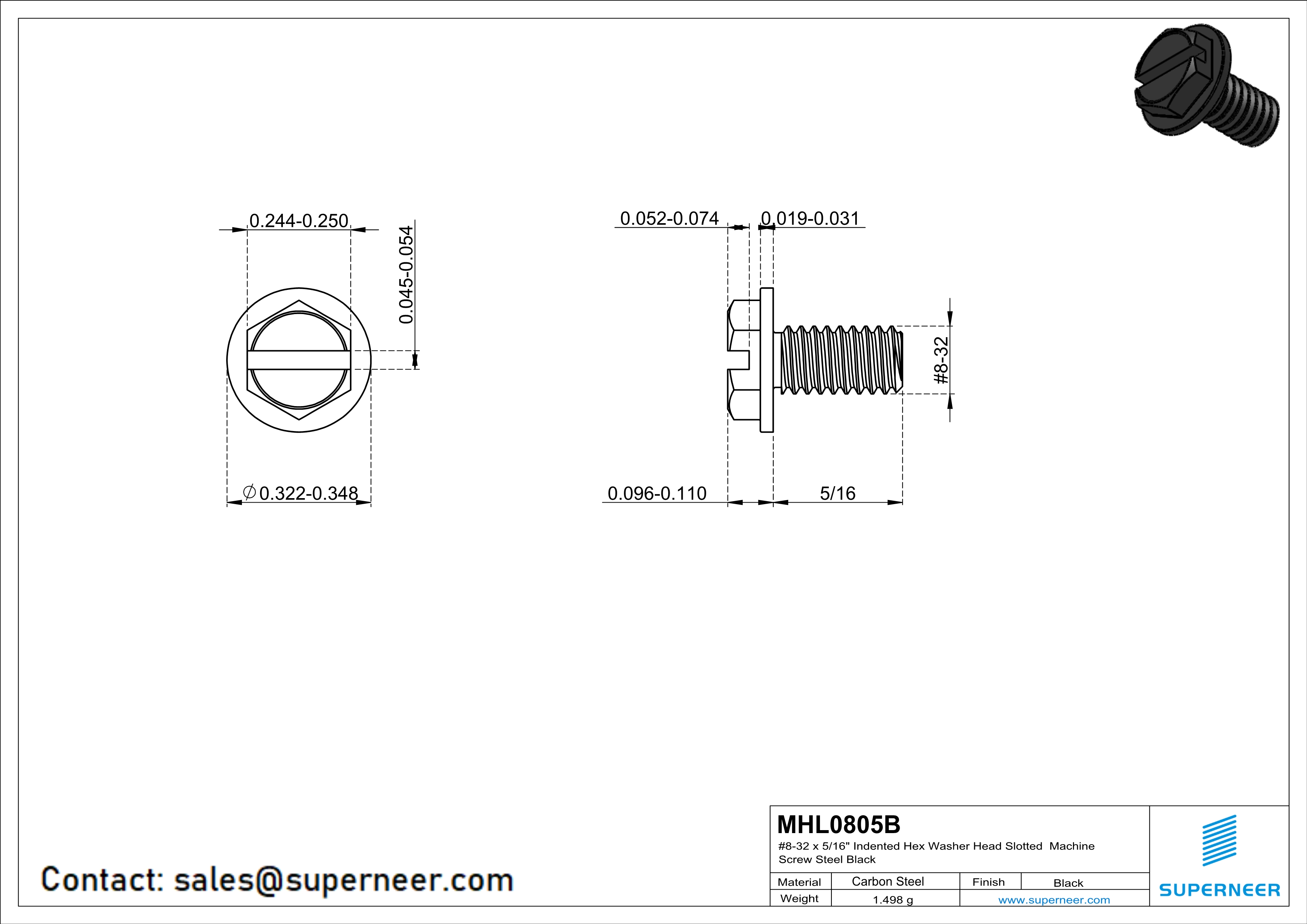 8-32 x 5/16" Indented Hex Washer Head Slotted Machine Screw Steel Black