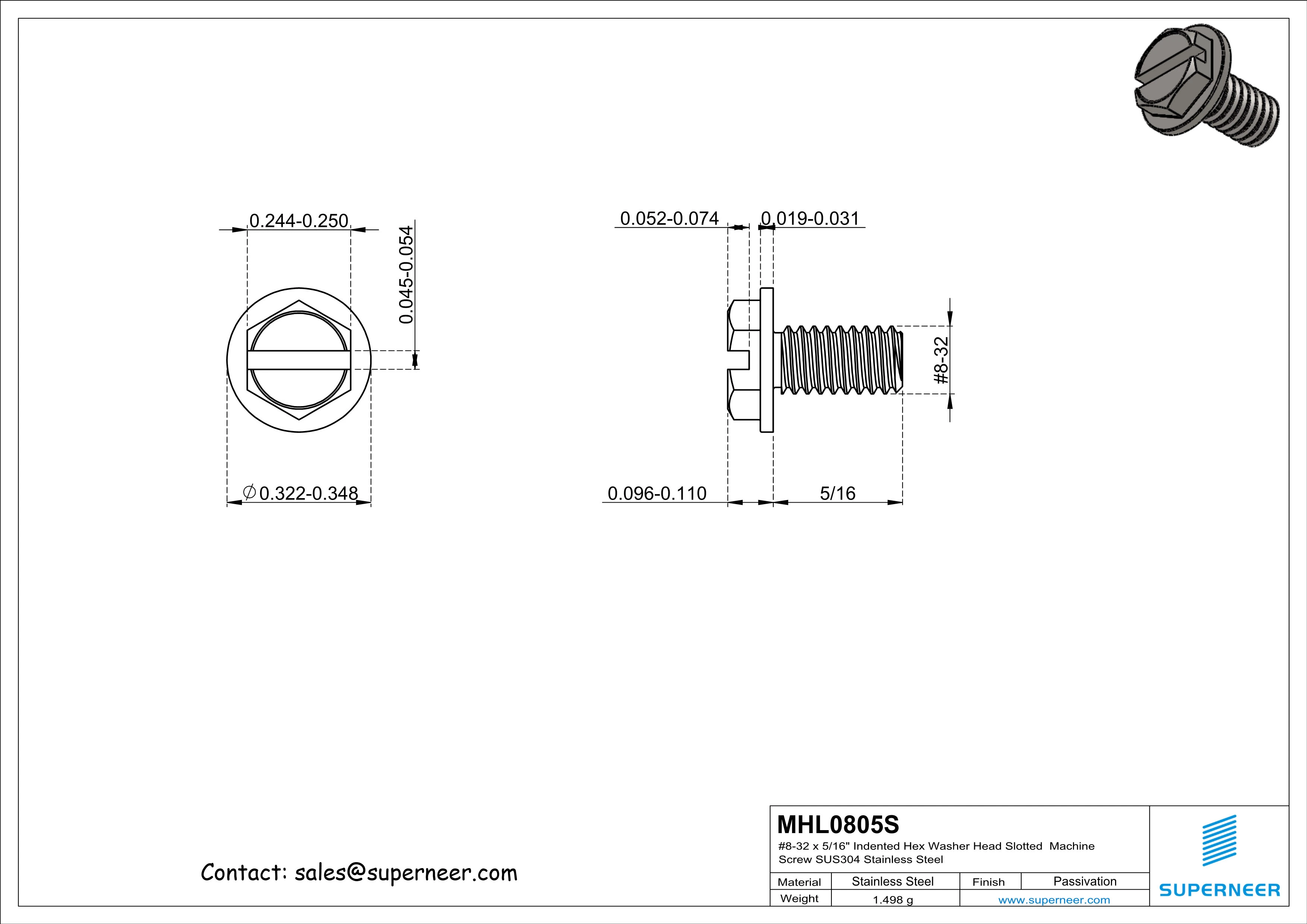 8-32 x 5/16" Indented Hex Washer Head Slotted Machine Screw SUS304 Stainless Steel Inox