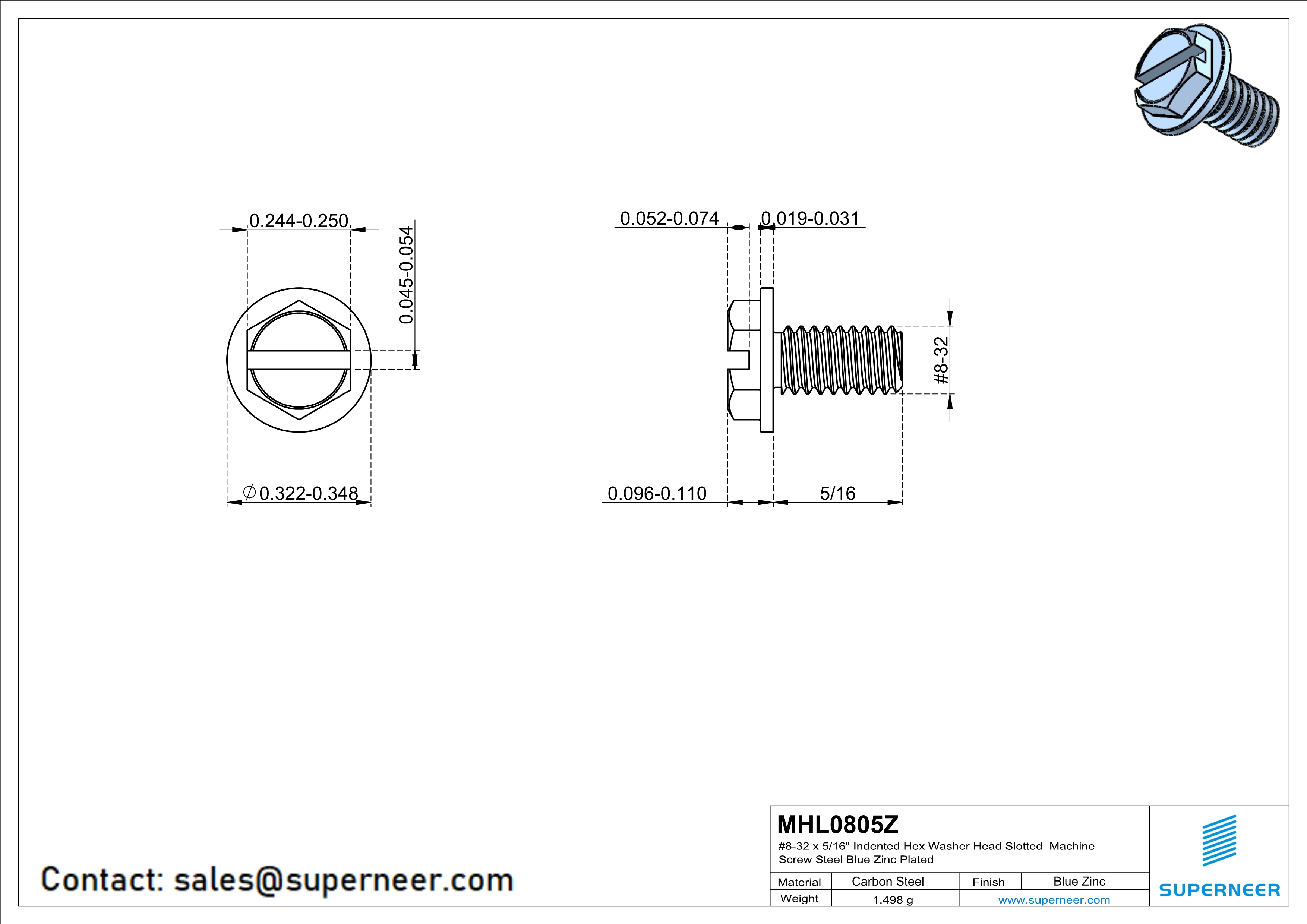 8-32 x 5/16" Indented Hex Washer Head Slotted Machine Screw Steel Blue Zinc Plated