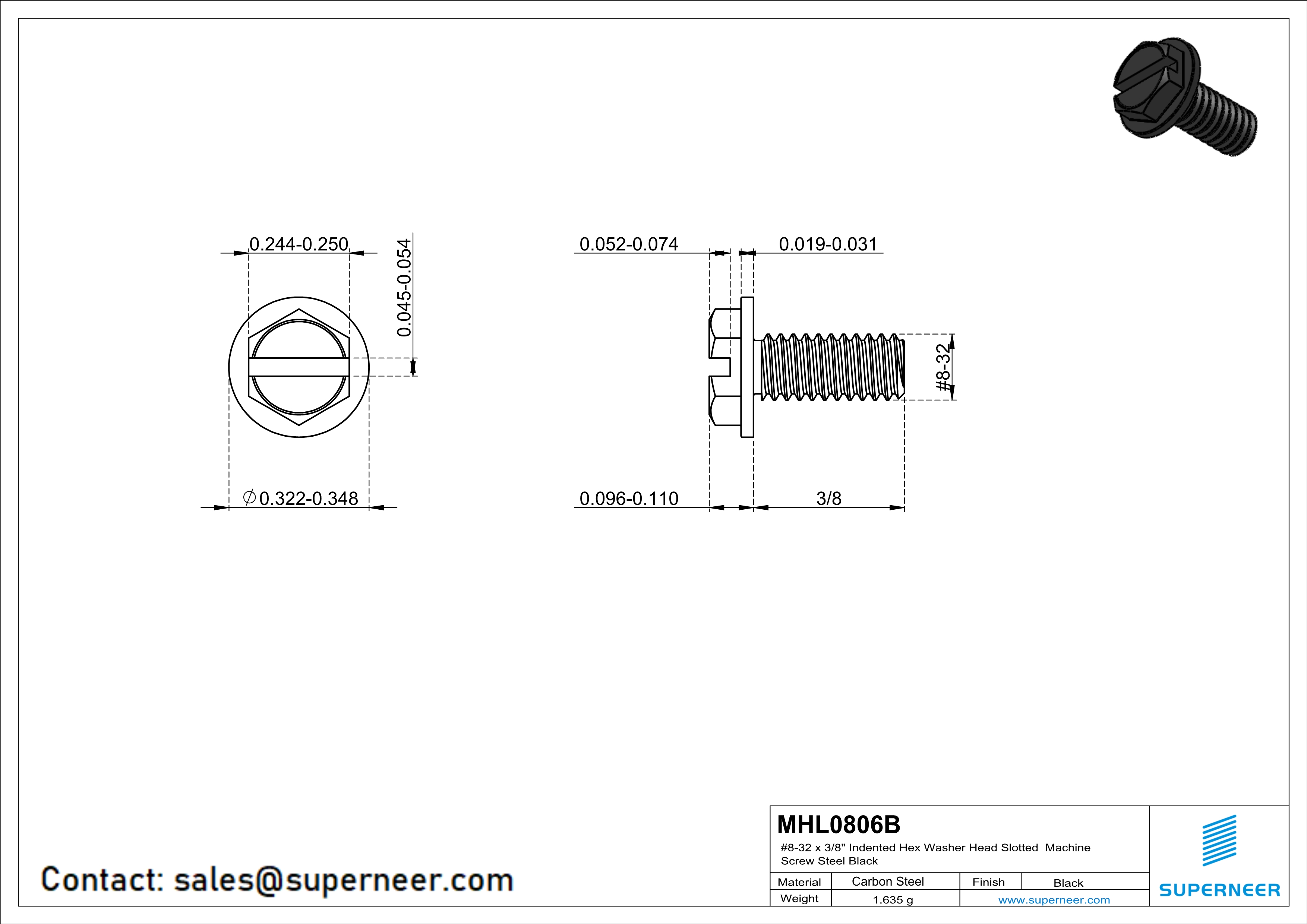 8-32 x 3/8" Indented Hex Washer Head Slotted Machine Screw Steel Black