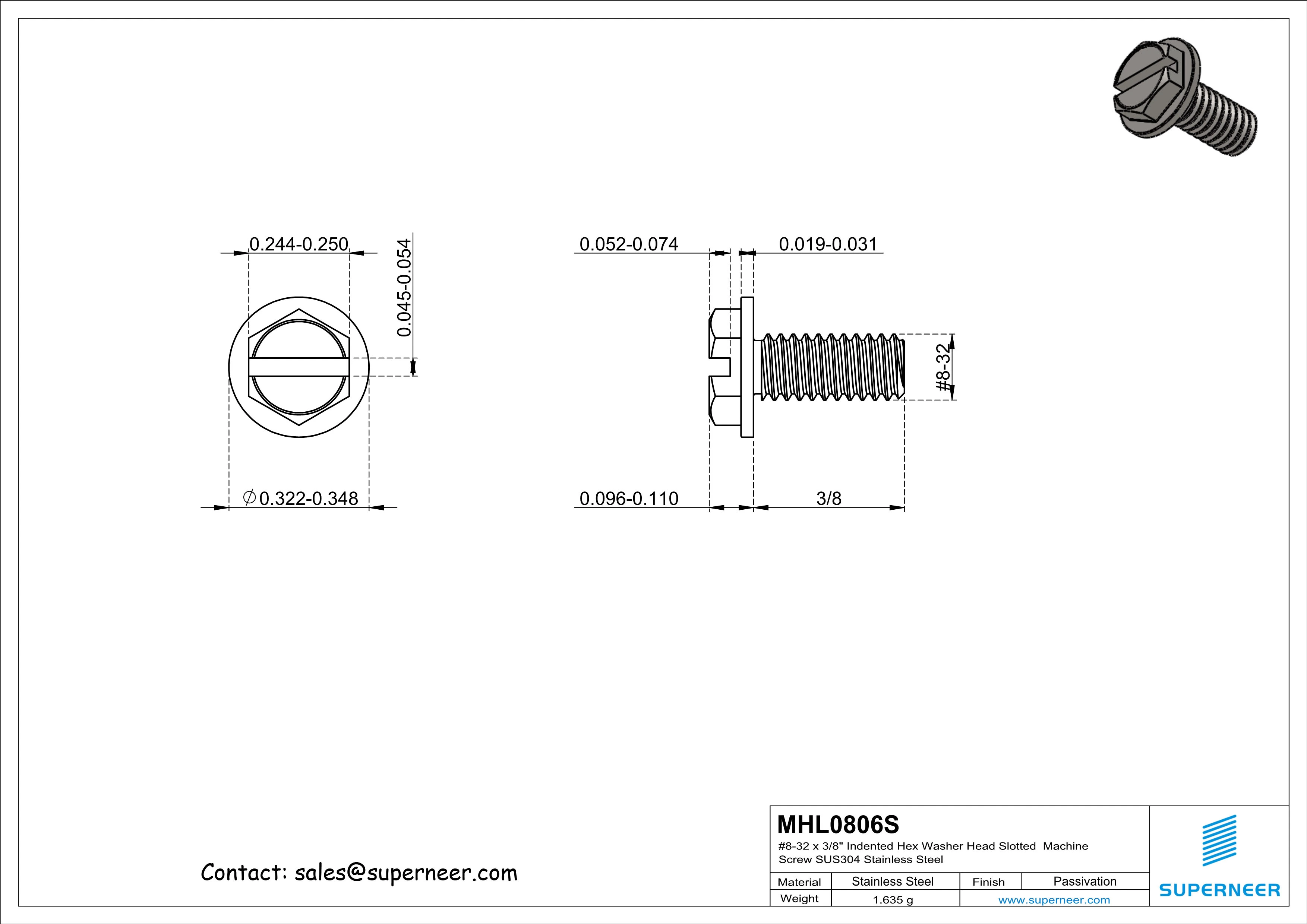 8-32 x 3/8" Indented Hex Washer Head Slotted Machine Screw SUS304 Stainless Steel Inox