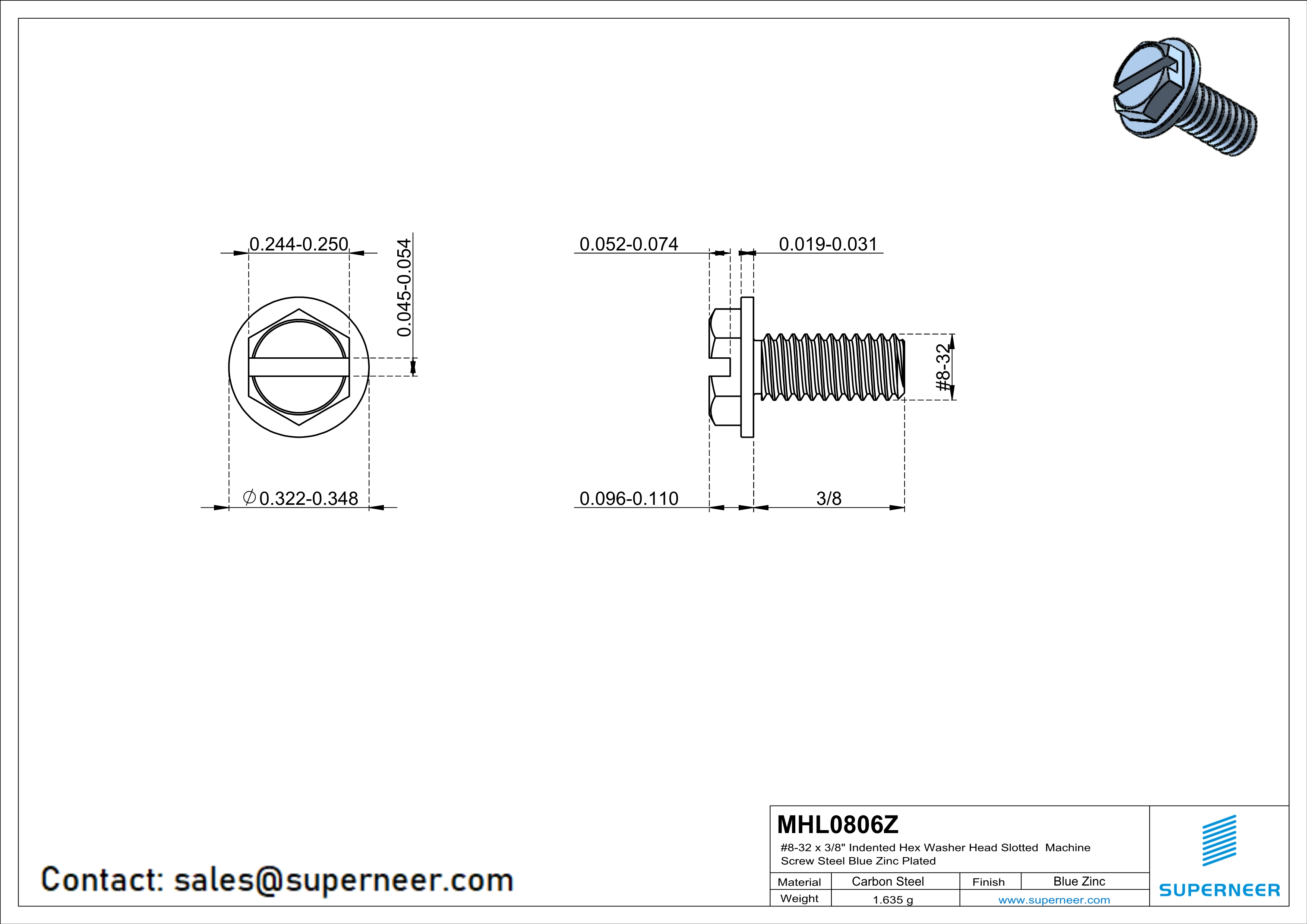 8-32 x 3/8" Indented Hex Washer Head Slotted Machine Screw Steel Blue Zinc Plated