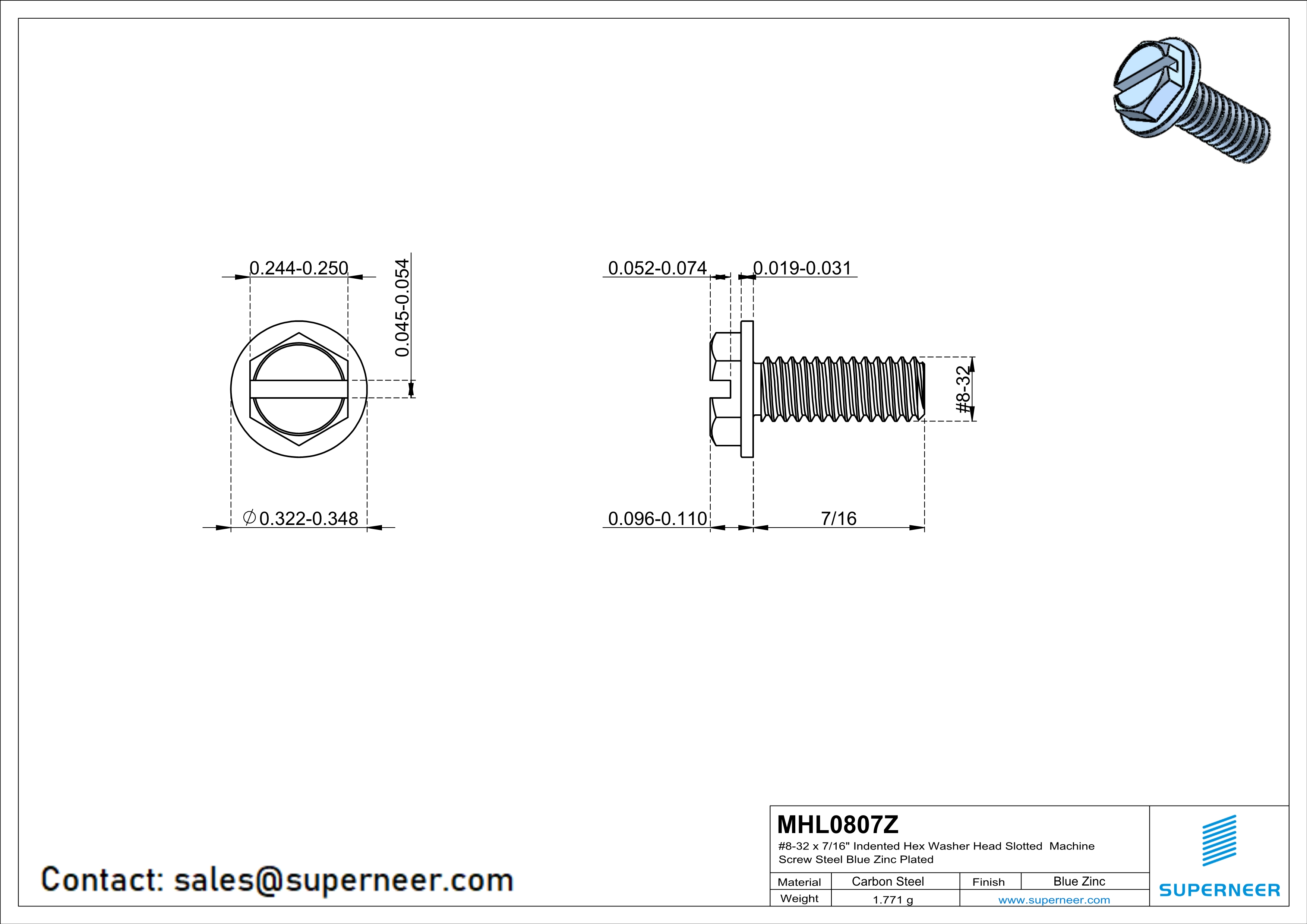 8-32 x 7/16“ Indented Hex Washer Head Slotted Machine Screw Steel Blue Zinc Plated