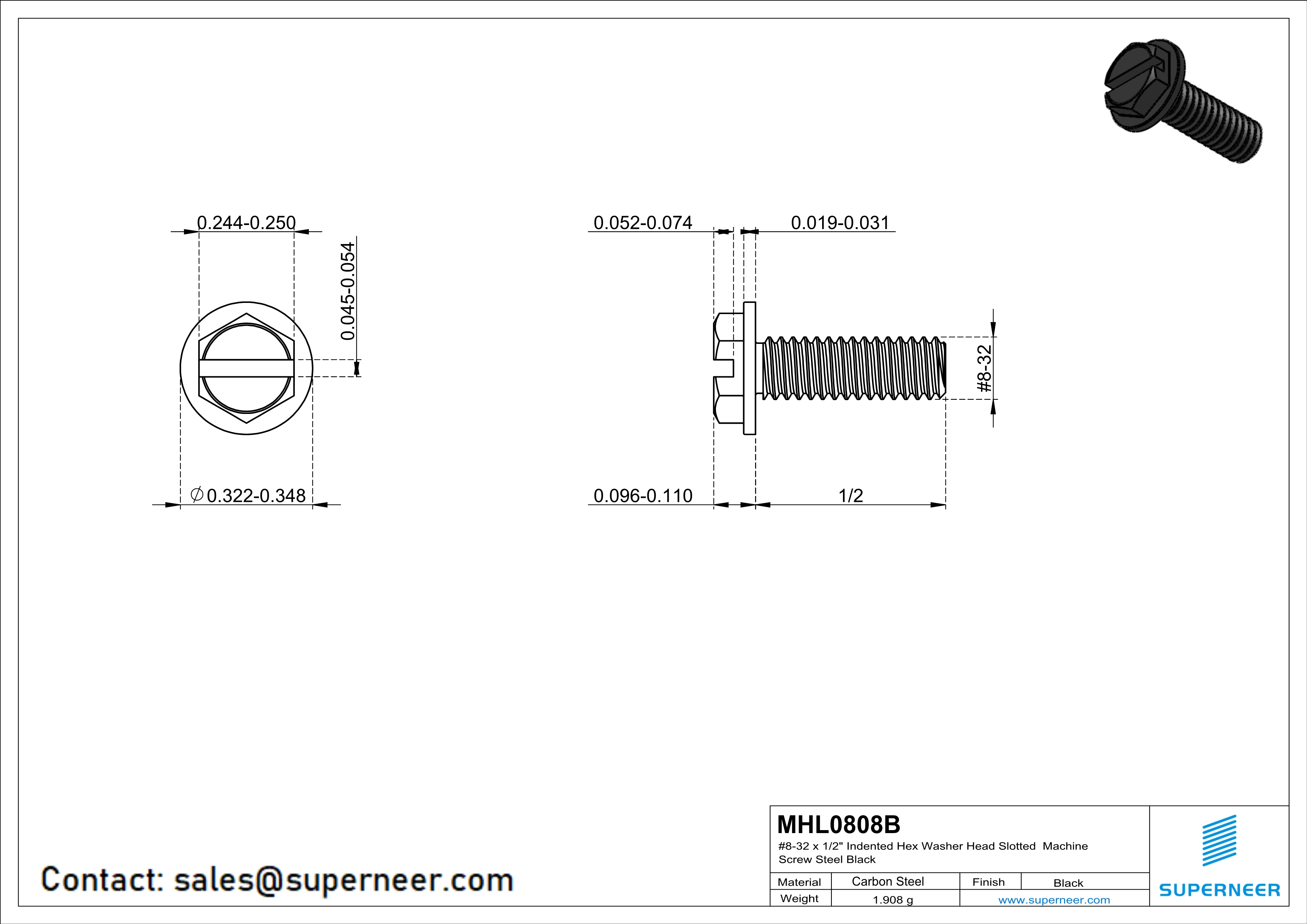 8-32 x 1/2" Indented Hex Washer Head Slotted Machine Screw Steel Black