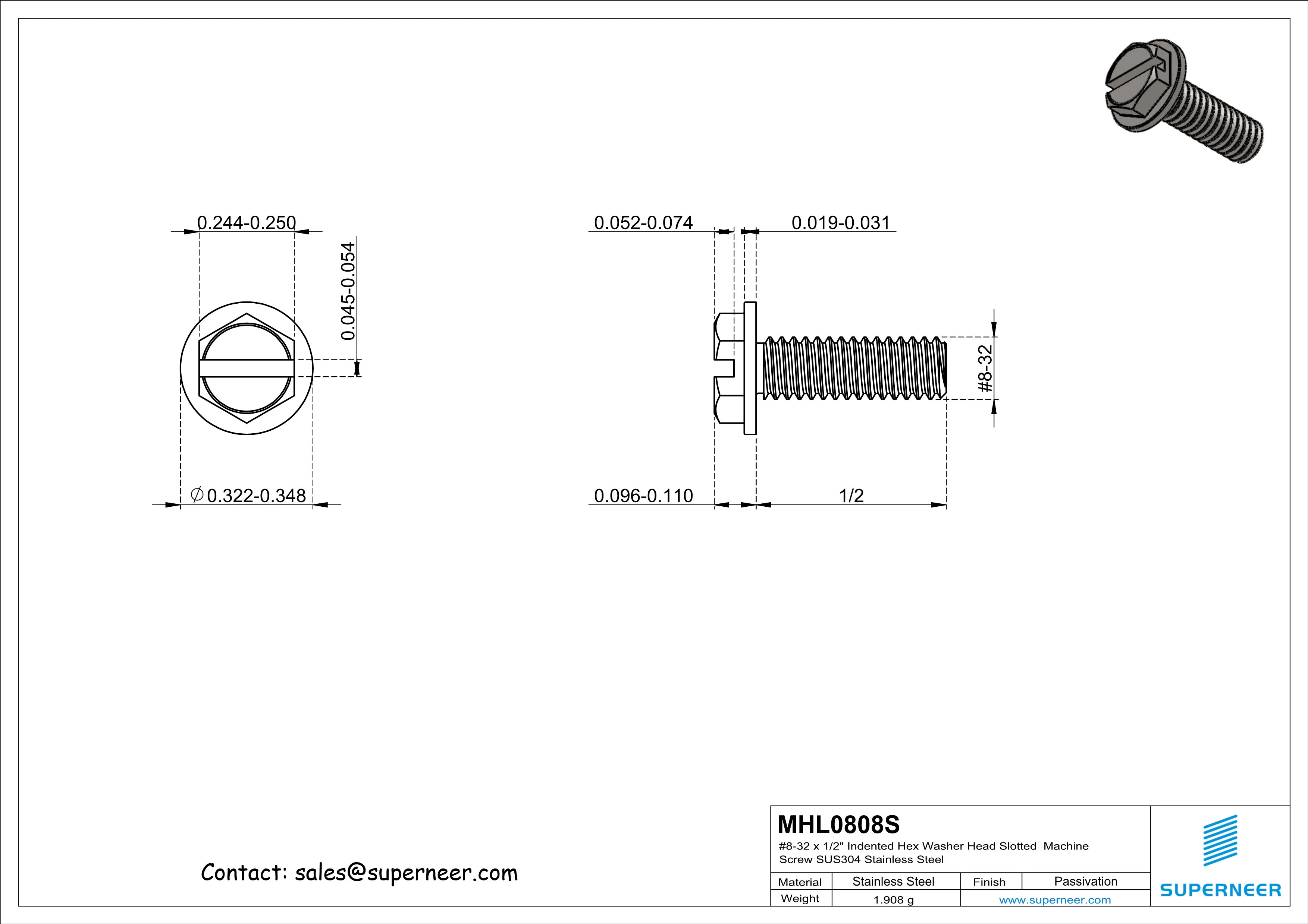 8-32 x 1/2" Indented Hex Washer Head Slotted Machine Screw SUS304 Stainless Steel Inox