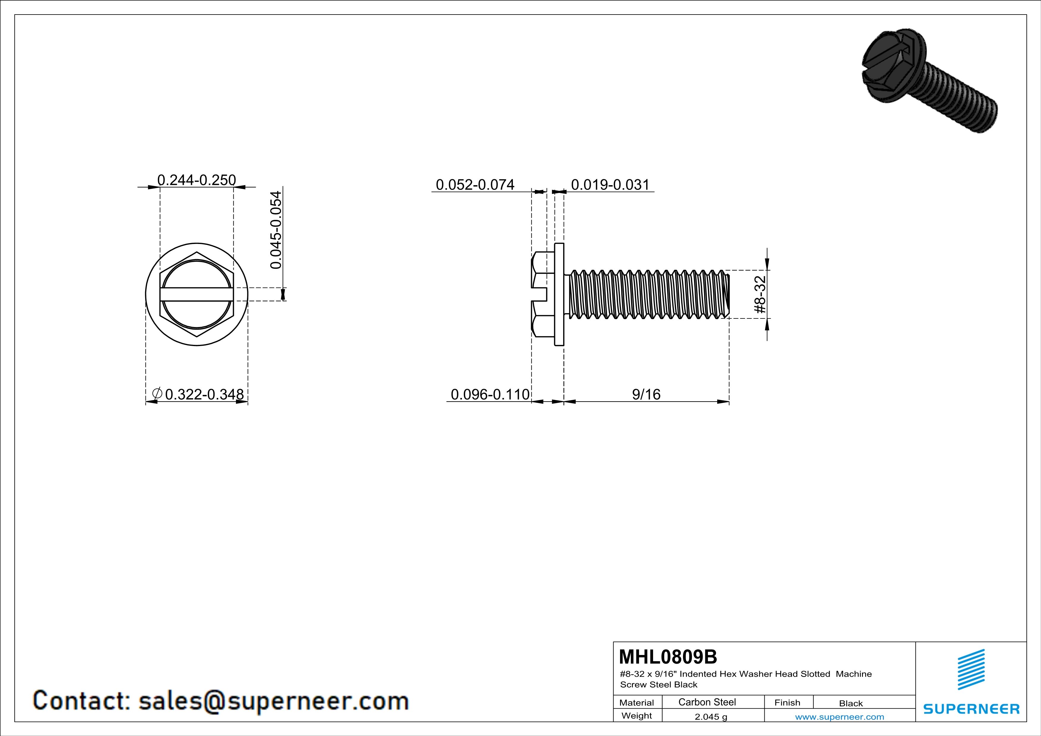 8-32 x 9/16“ Indented Hex Washer Head Slotted Machine Screw Steel Black