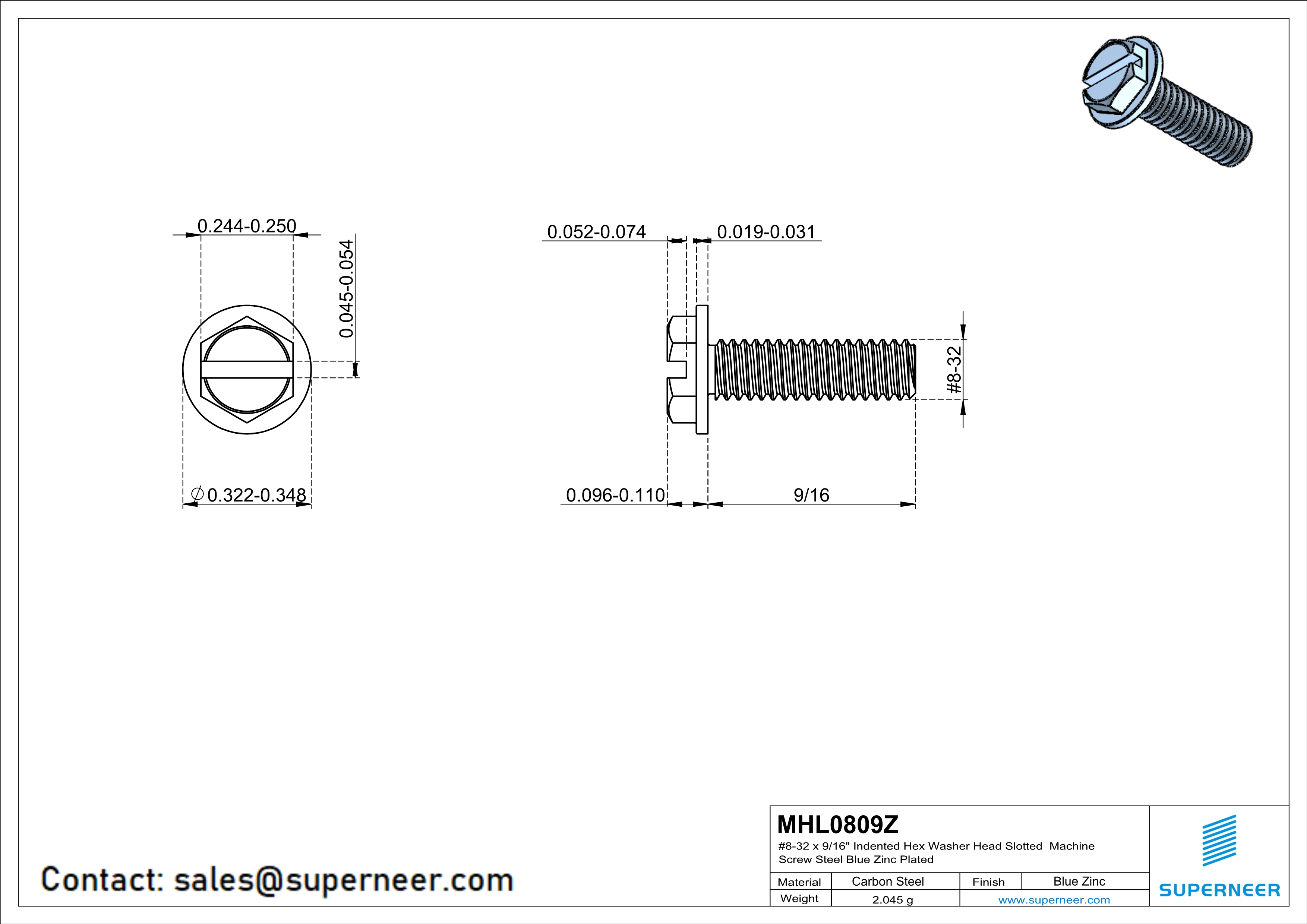8-32 x 9/16“ Indented Hex Washer Head Slotted Machine Screw Steel Blue Zinc Plated