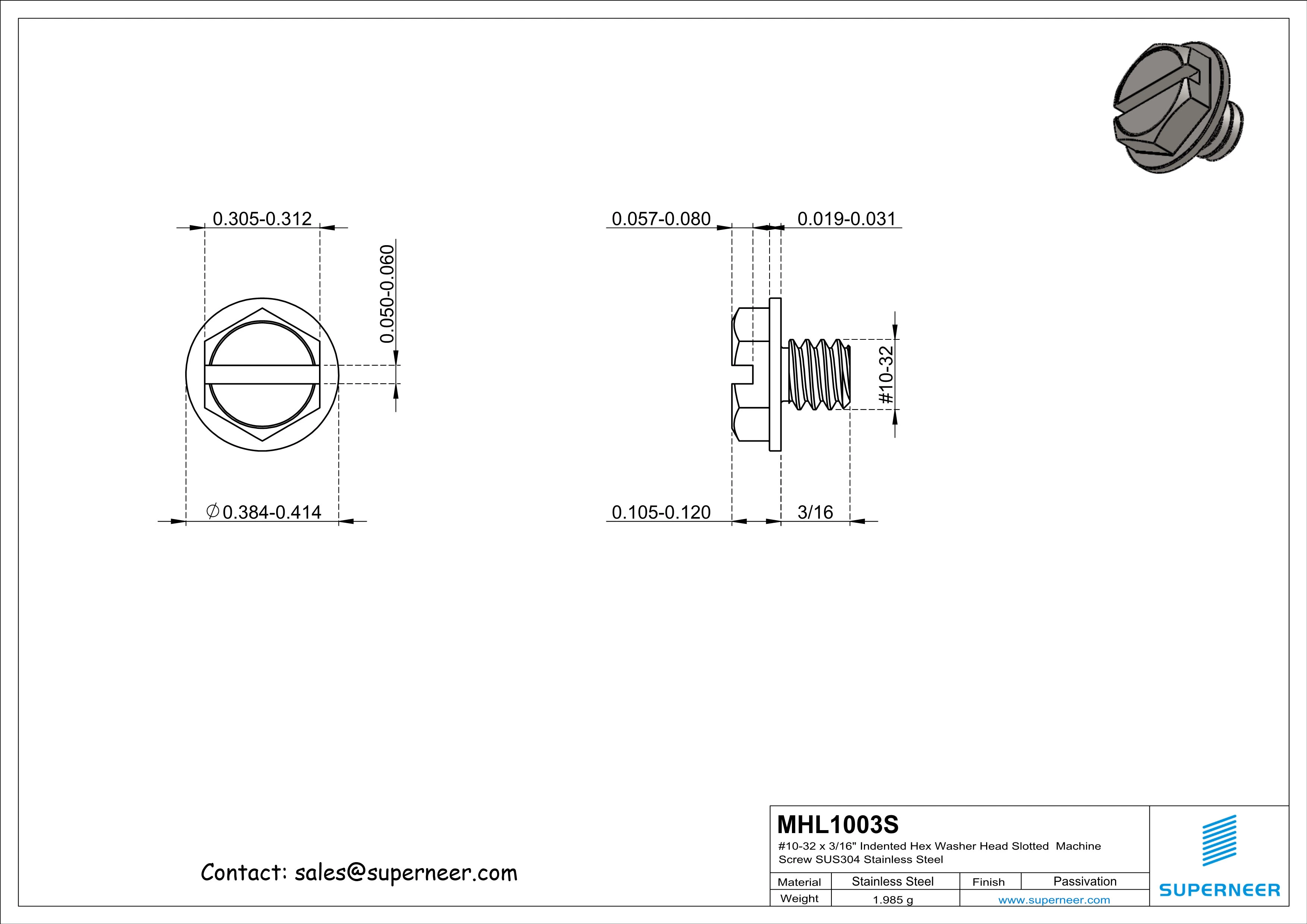 8-32 x 3/16" Indented Hex Washer Head Slotted Machine Screw SUS304 Stainless Steel Inox