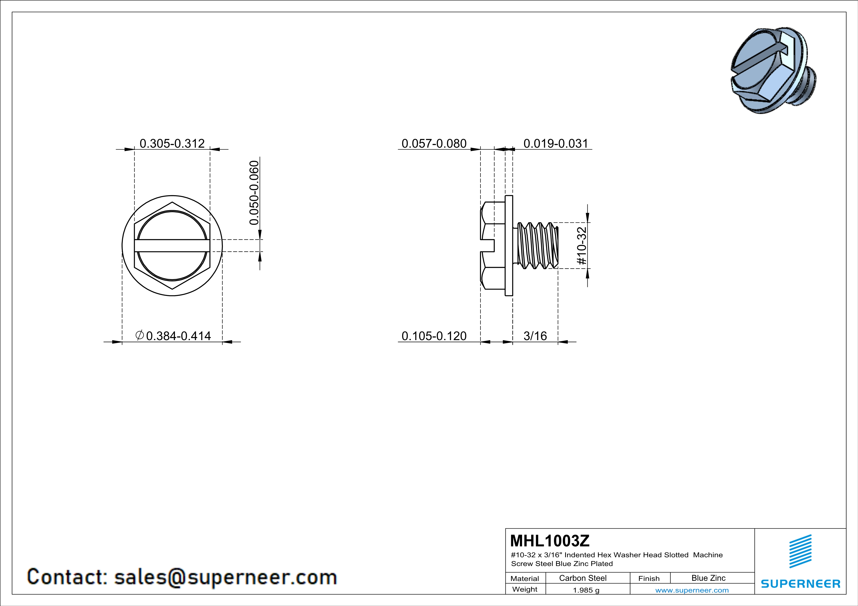 10-32 x 3/16" Indented Hex Washer Head Slotted Machine Screw Steel Blue Zinc Plated