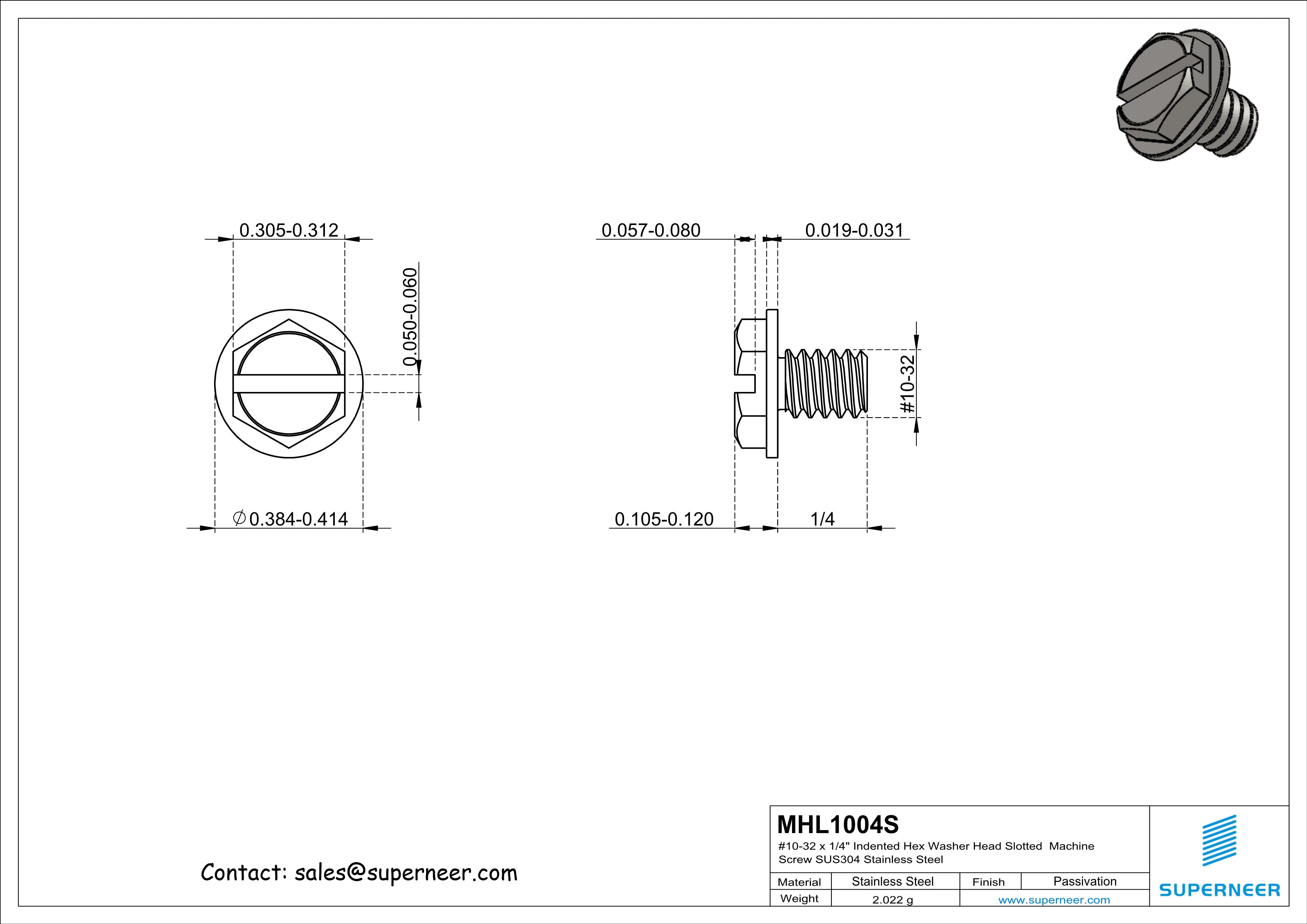 10-32 x 1/4" Indented Hex Washer Head Slotted Machine Screw SUS304 Stainless Steel Inox