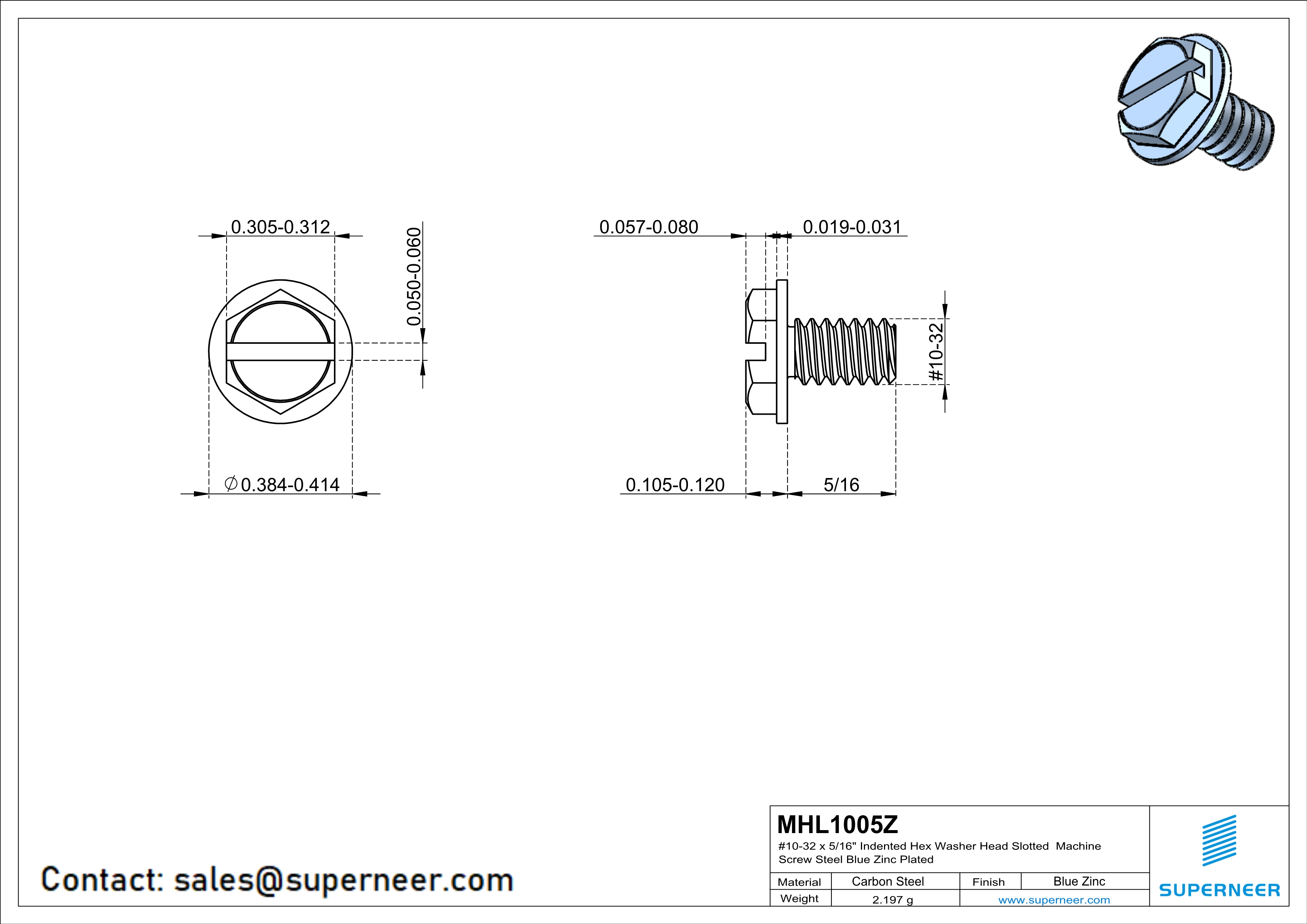 10-32 x 5/16" Indented Hex Washer Head Slotted Machine Screw Steel Blue Zinc Plated