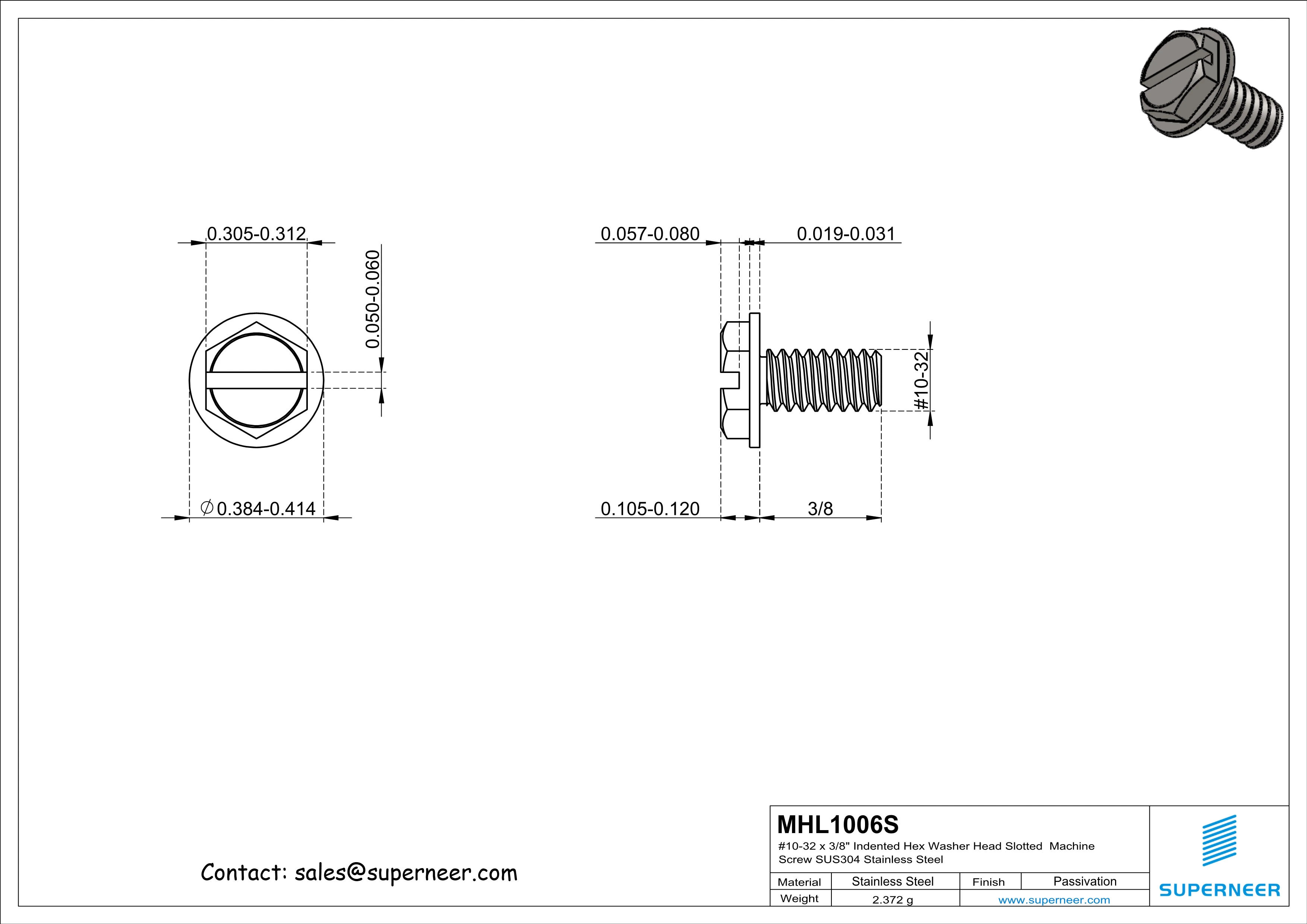 10-32 x 3/8" Indented Hex Washer Head Slotted Machine Screw SUS304 Stainless Steel Inox