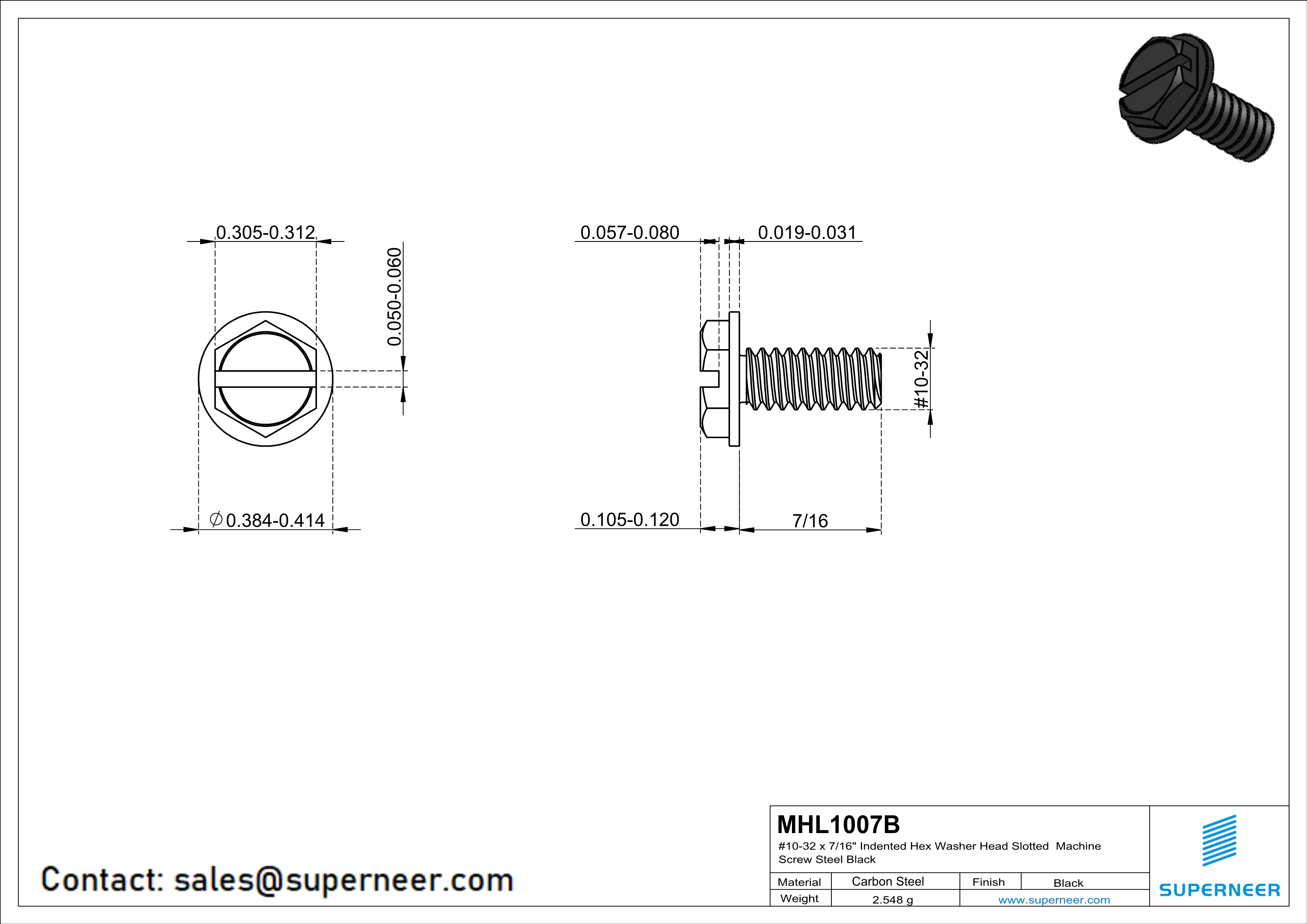 10-32 x 7/16“ Indented Hex Washer Head Slotted Machine Screw Steel Black