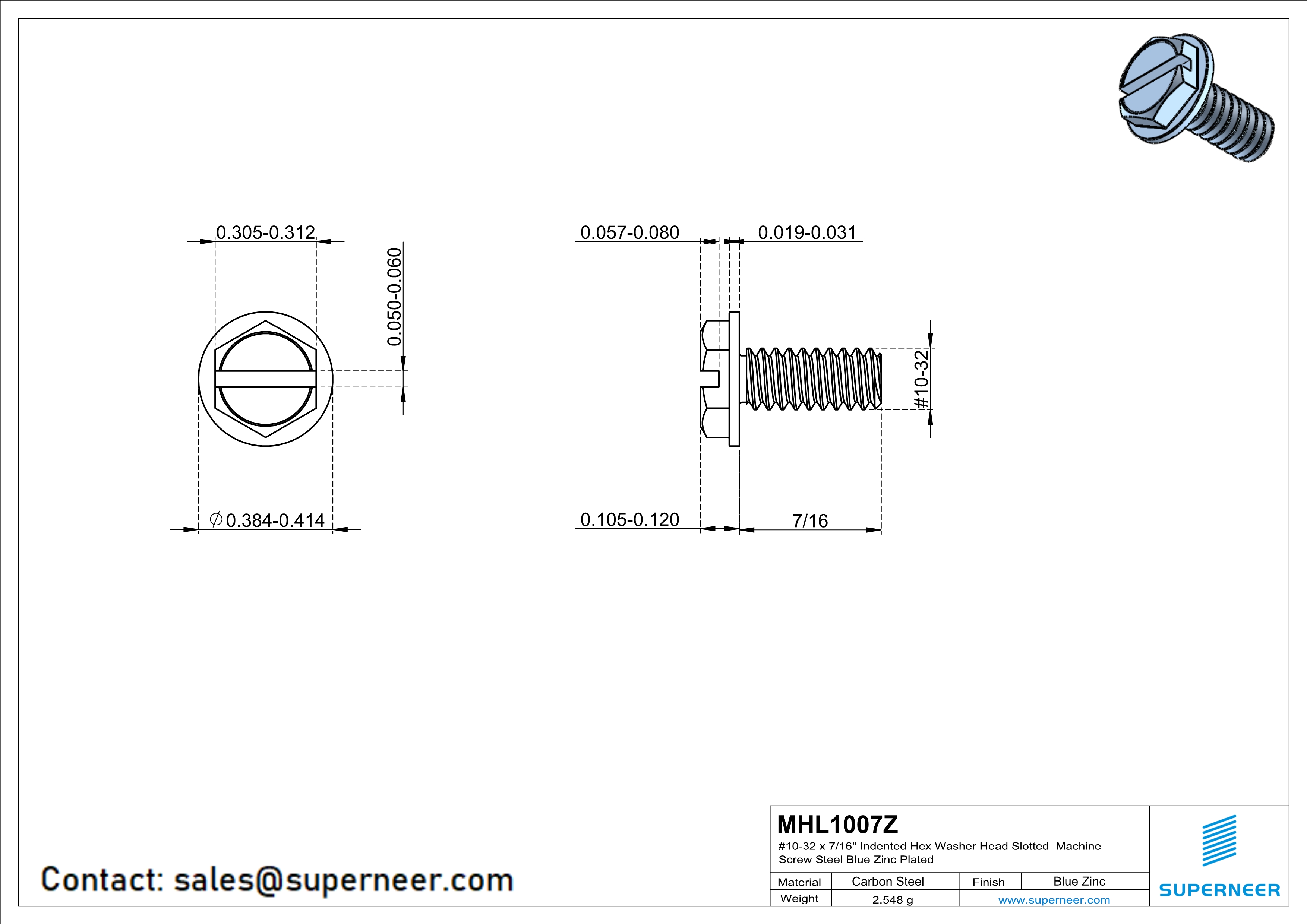 10-32 x 7/16“ Indented Hex Washer Head Slotted Machine Screw Steel Blue Zinc Plated