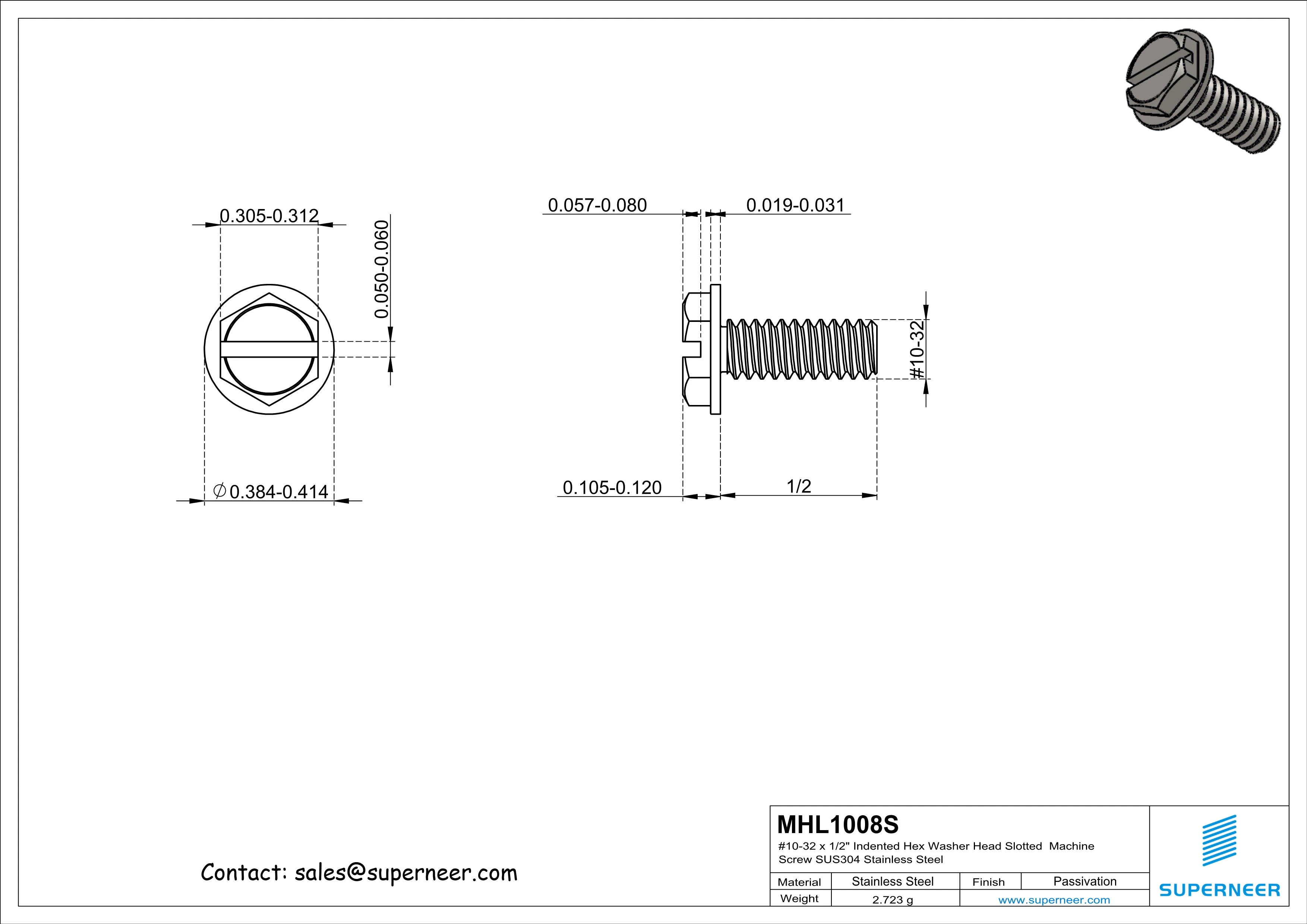 10-32 x 1/2" Indented Hex Washer Head Slotted Machine Screw SUS304 Stainless Steel Inox