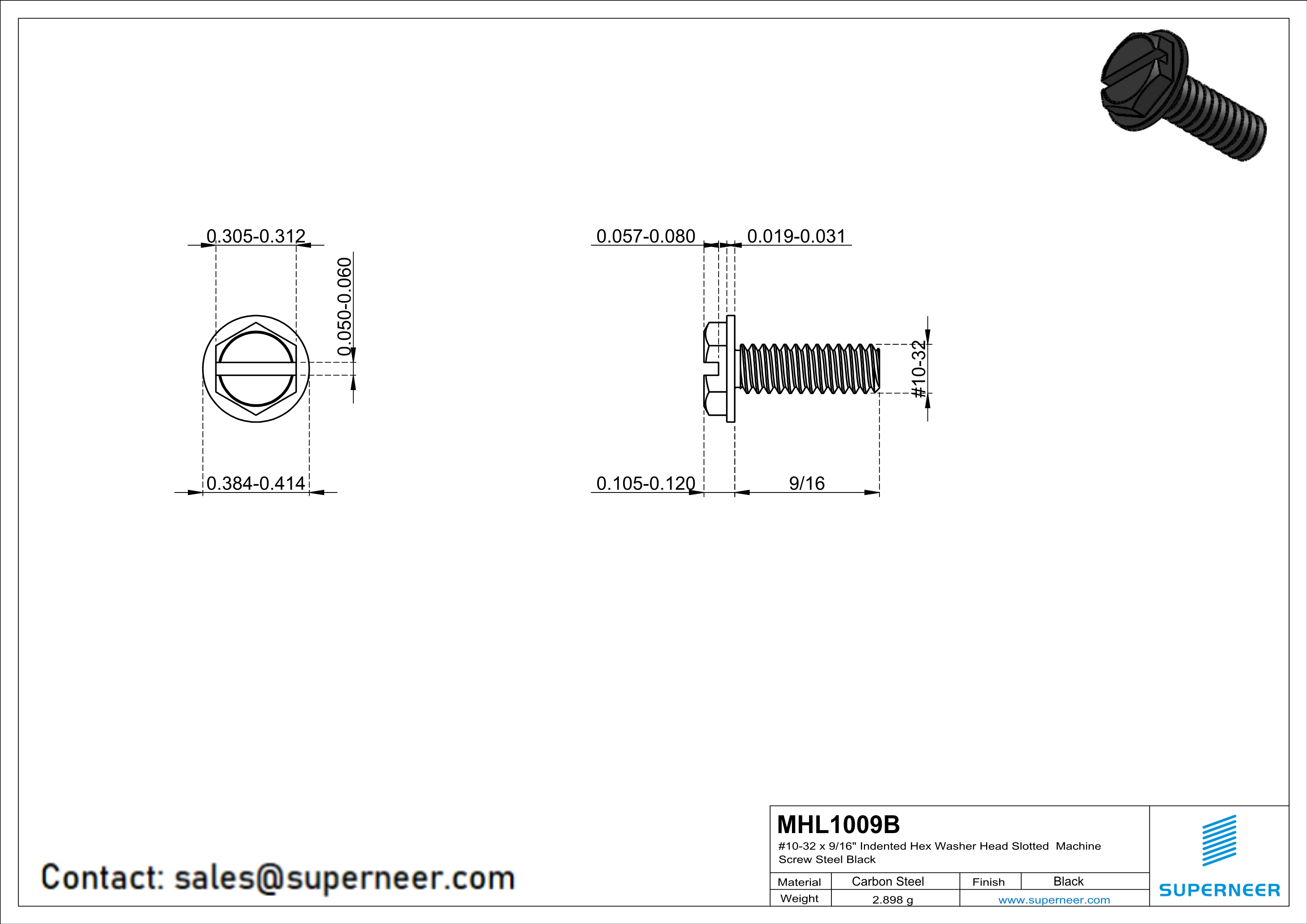 10-32 x 9/16“ Indented Hex Washer Head Slotted Machine Screw Steel Black