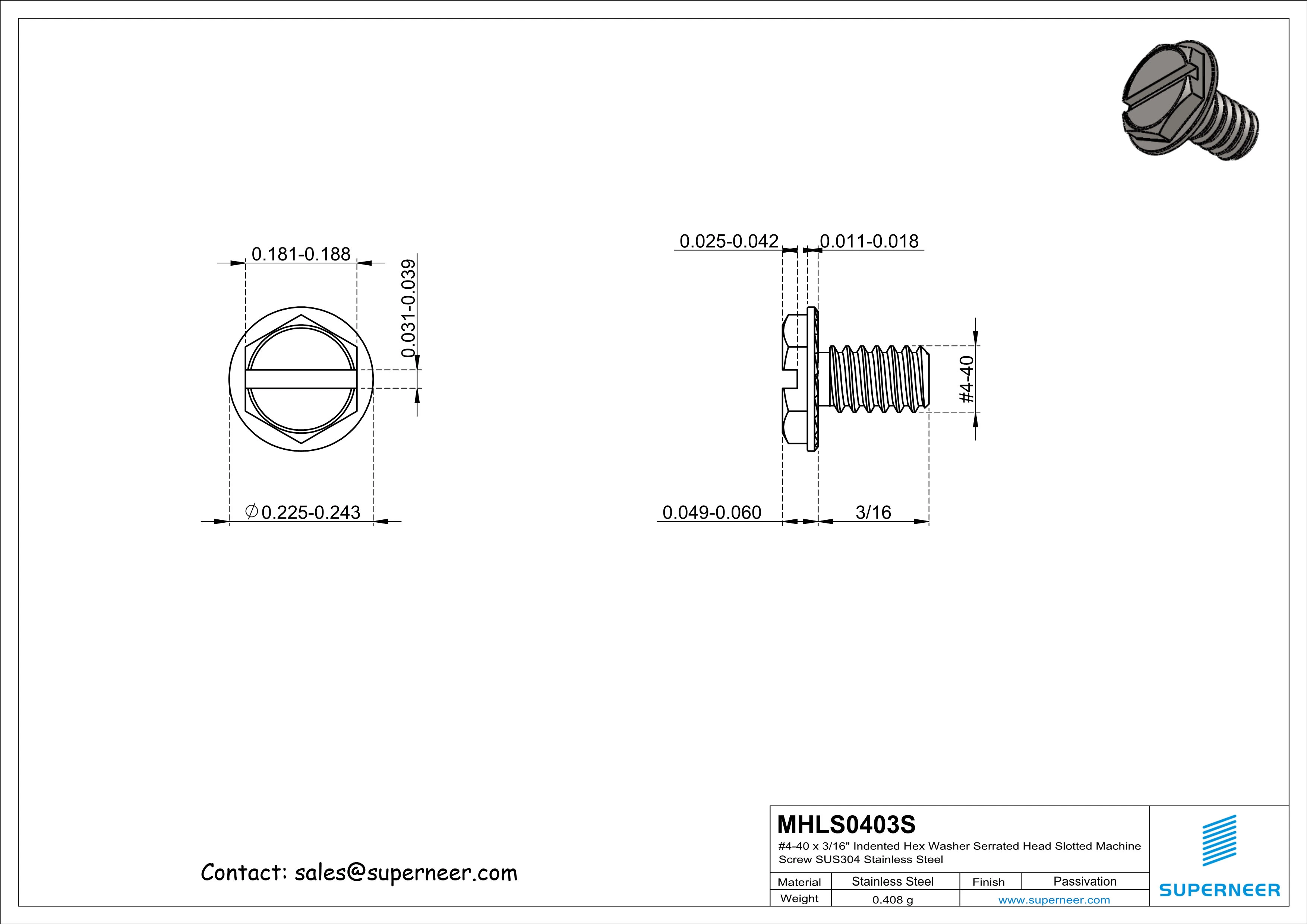 4-40 x 3/16" Indented Hex Washer Serrated Head Slotted Machine Screw SUS304 Stainless Steel Inox