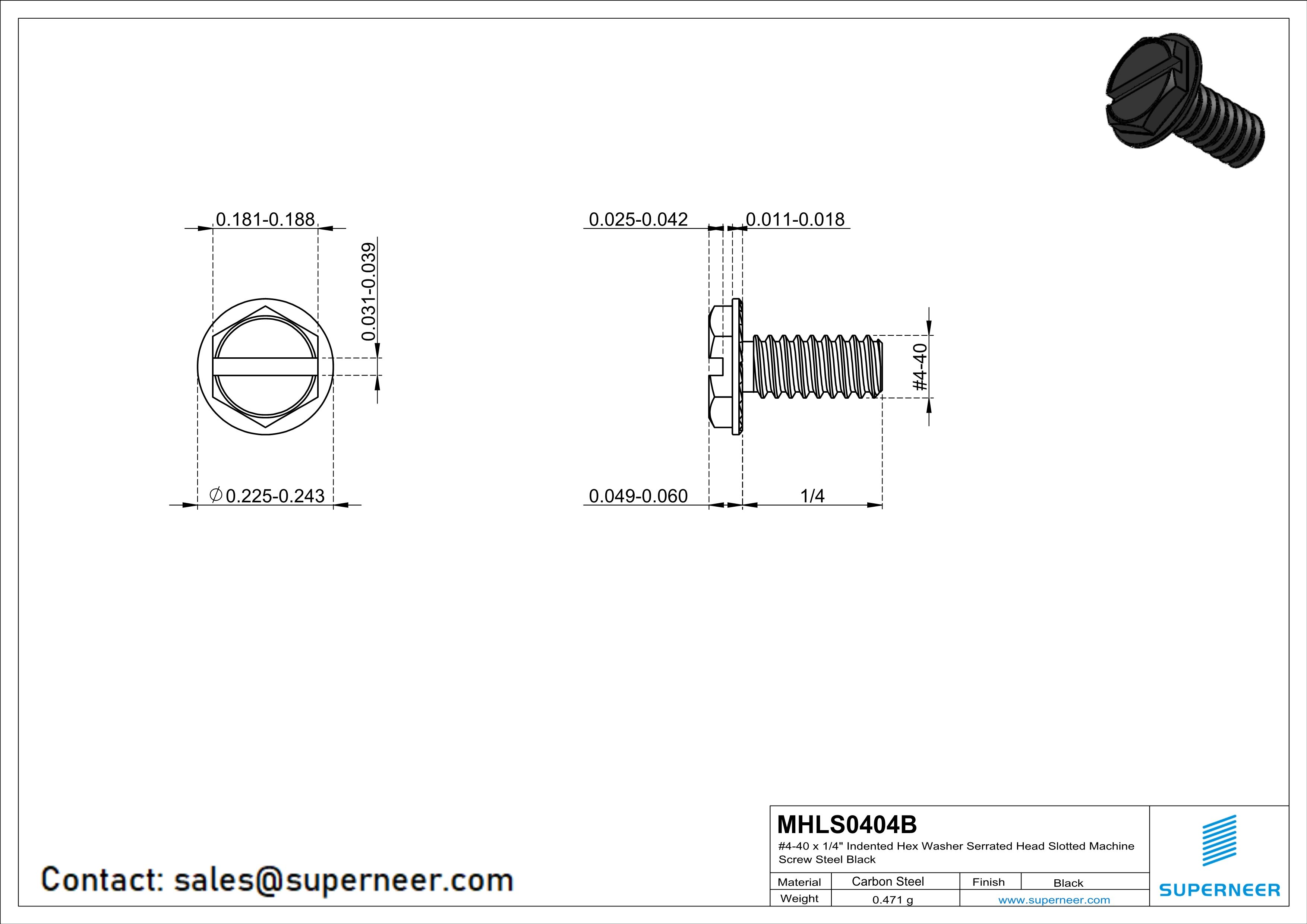 4-40 x 1/4" Indented Hex Washer Serrated Head Slotted Machine Screw Steel Black