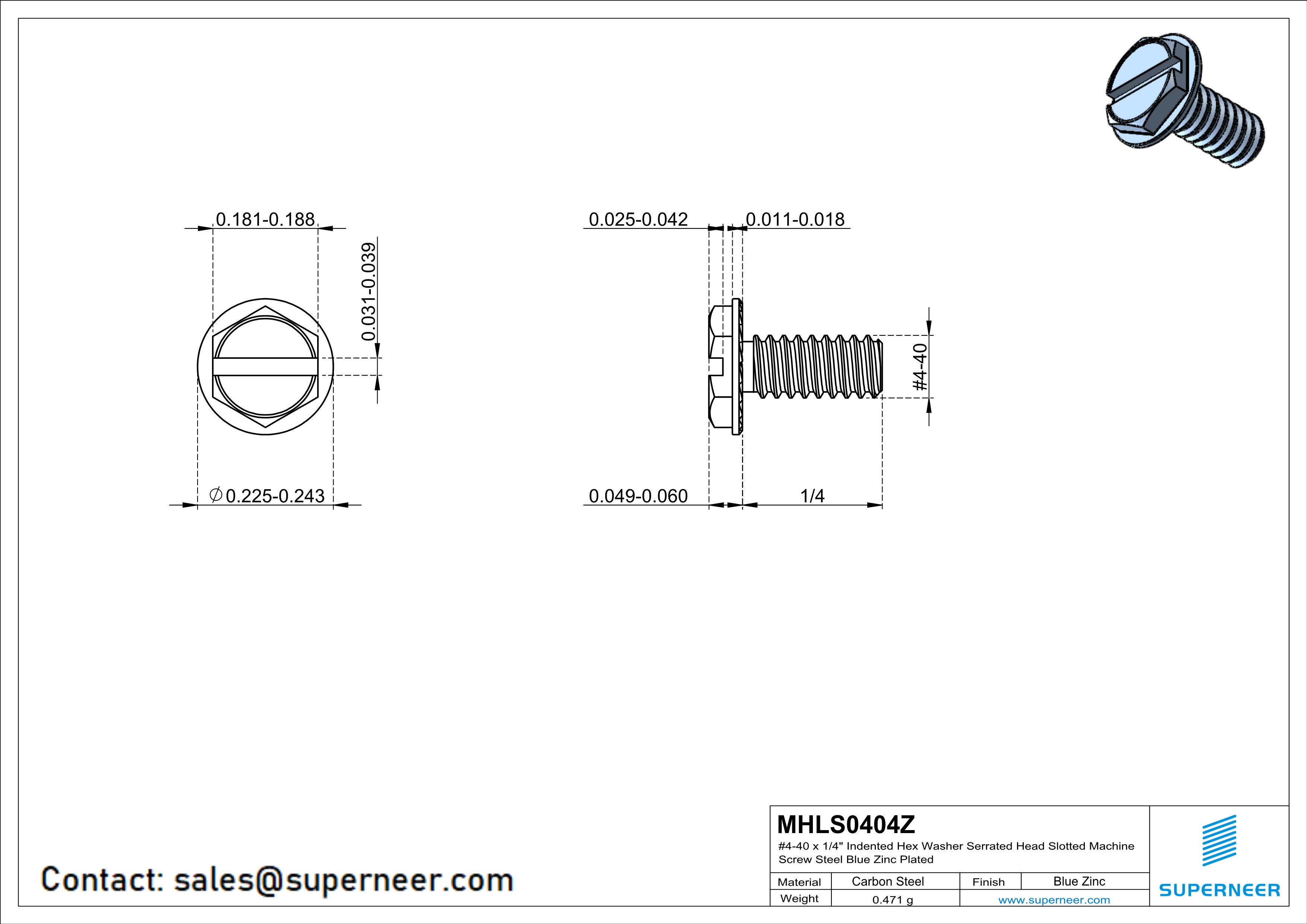 4-40 x 1/4" Indented Hex Washer Serrated Head Slotted Machine Screw Steel Blue Zinc Plated