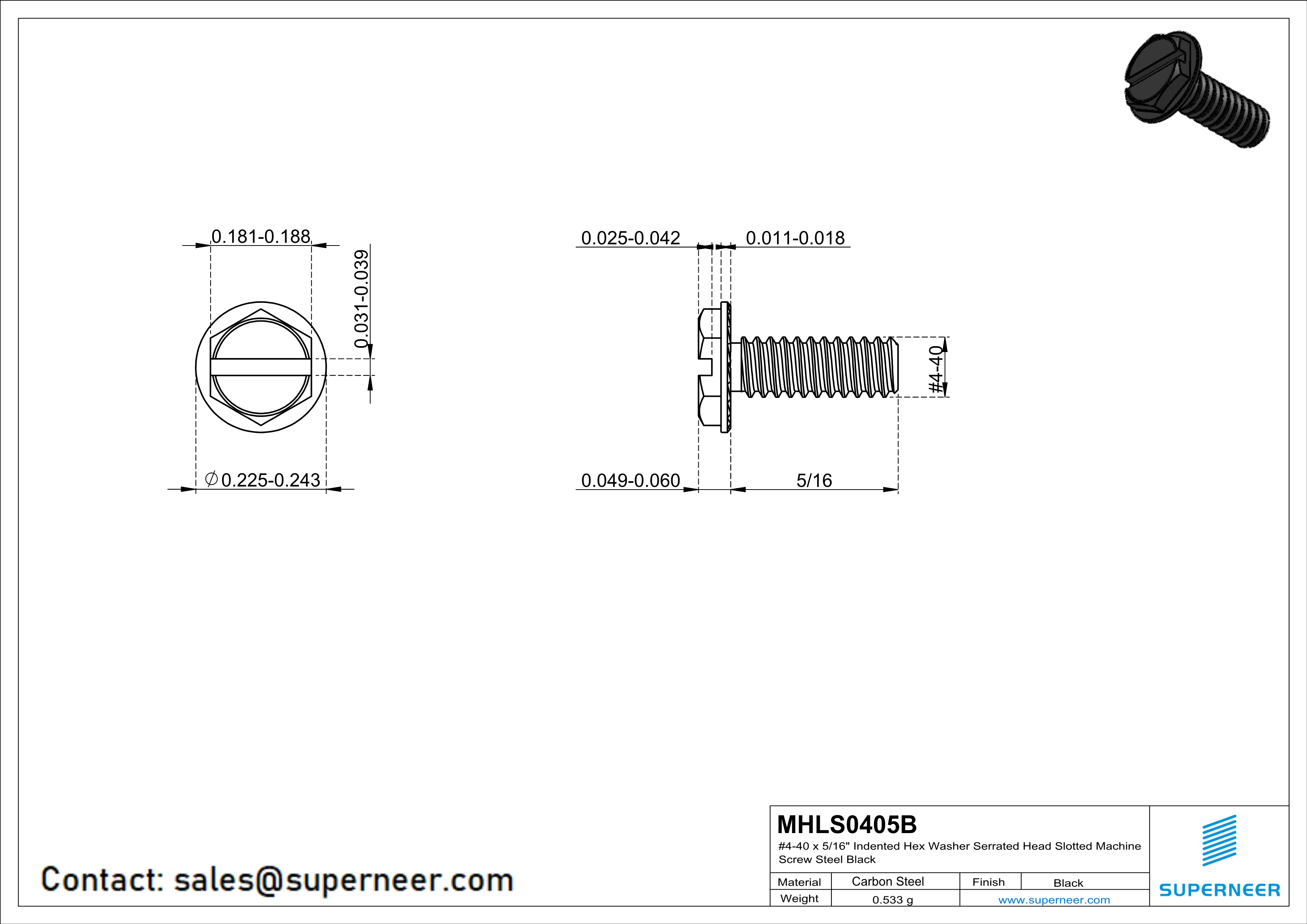 4-40 x 5/16" Indented Hex Washer Serrated Head Slotted Machine Screw Steel Black