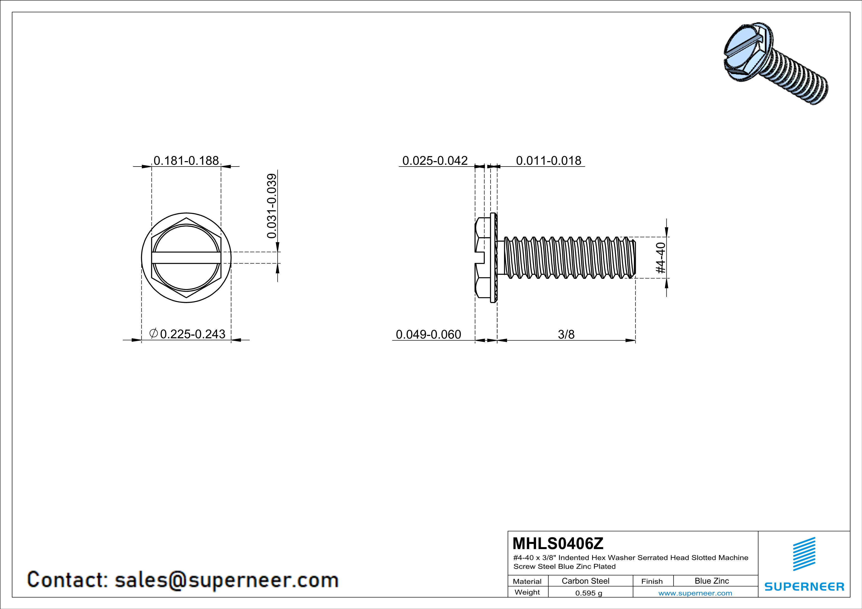 4-40 x 3/8" Indented Hex Washer Serrated Head Slotted Machine Screw Steel Blue Zinc Plated