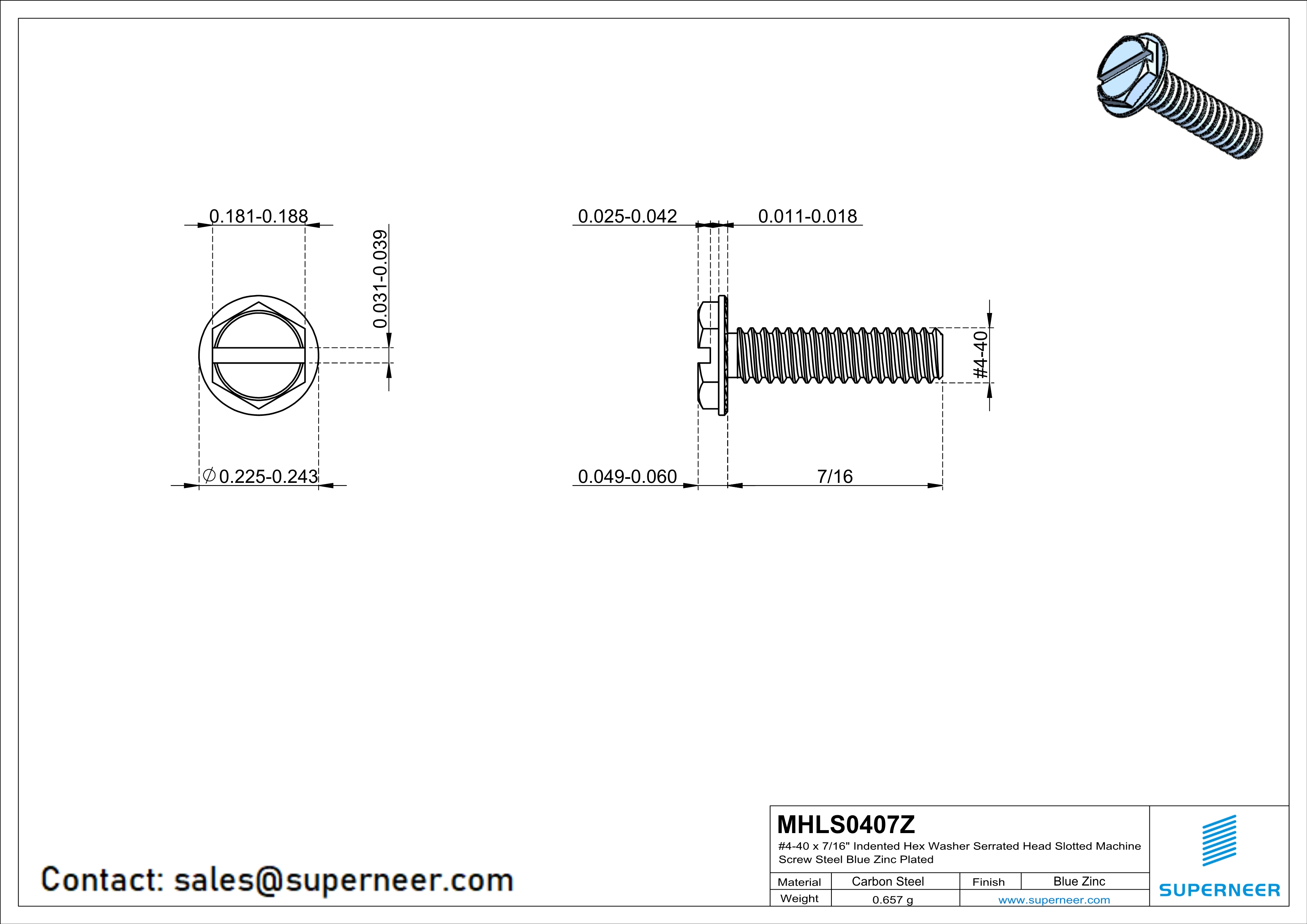 4-40 x 7/16“ Indented Hex Washer Serrated Head Slotted Machine Screw Steel Blue Zinc Plated