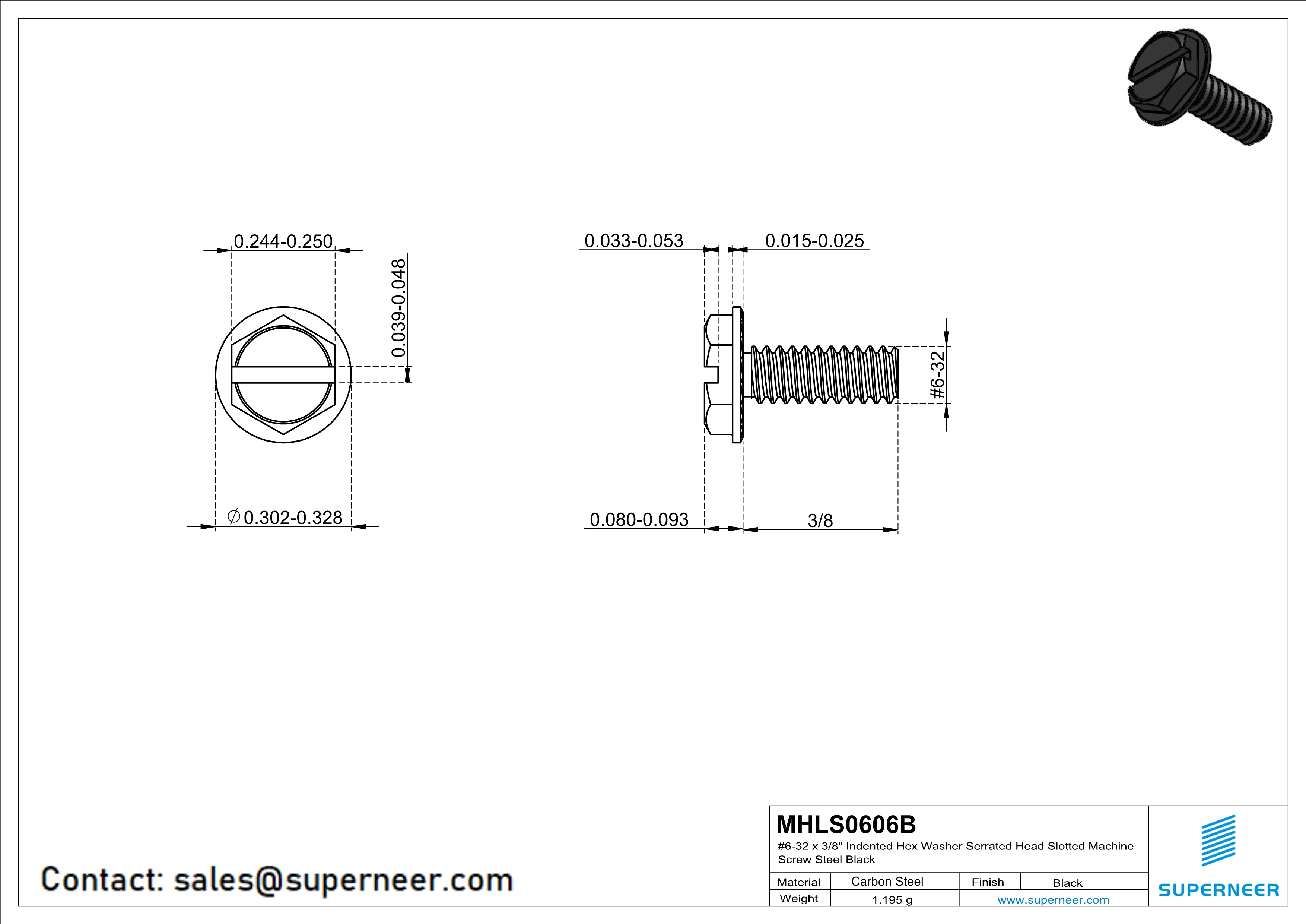6-32 x 3/8" Indented Hex Washer Serrated Head Slotted Machine Screw Steel Black
