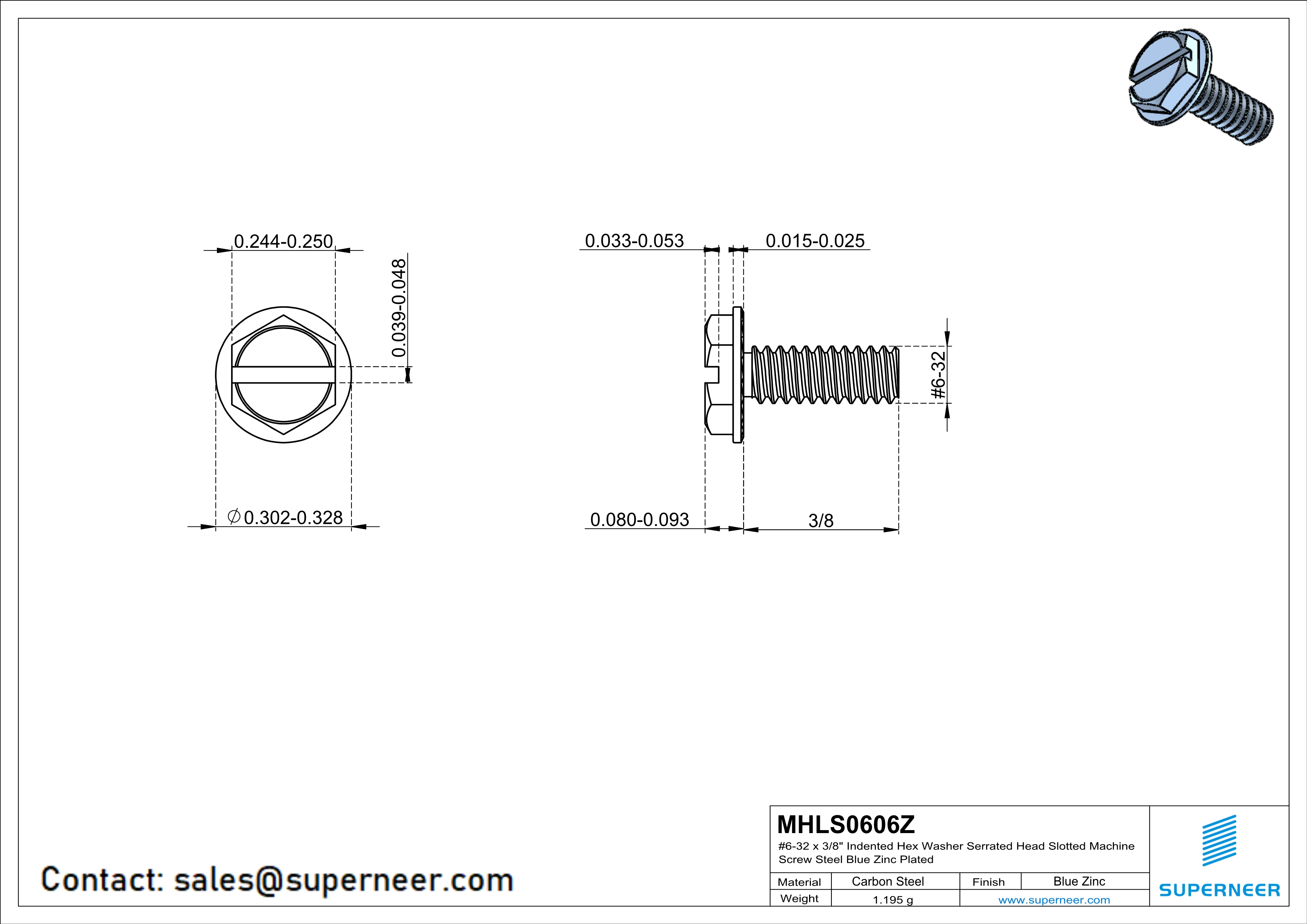 6-32 x 3/8" Indented Hex Washer Serrated Head Slotted Machine Screw Steel Blue Zinc Plated