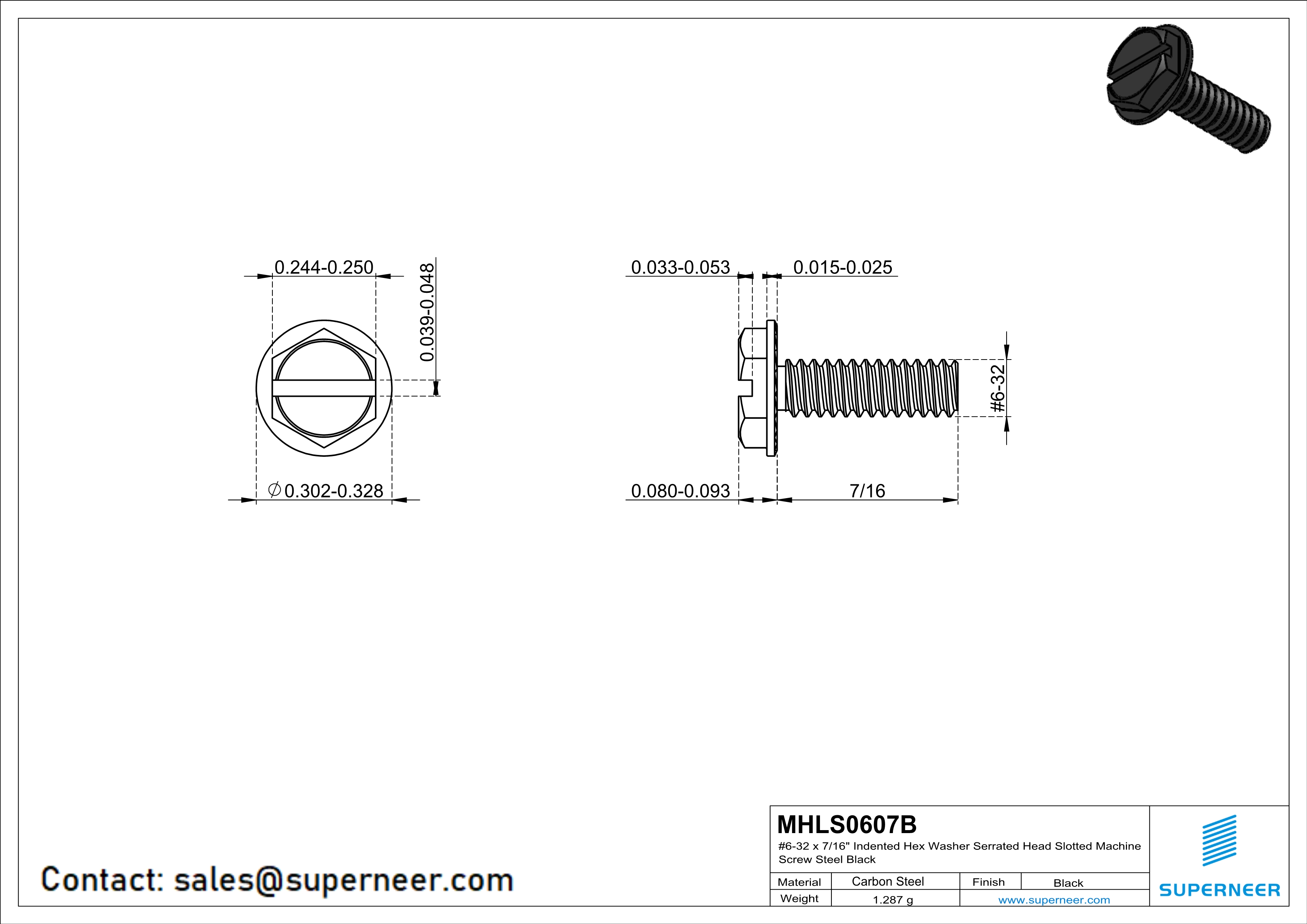 6-32 x 7/16“ Indented Hex Washer Serrated Head Slotted Machine Screw Steel Black