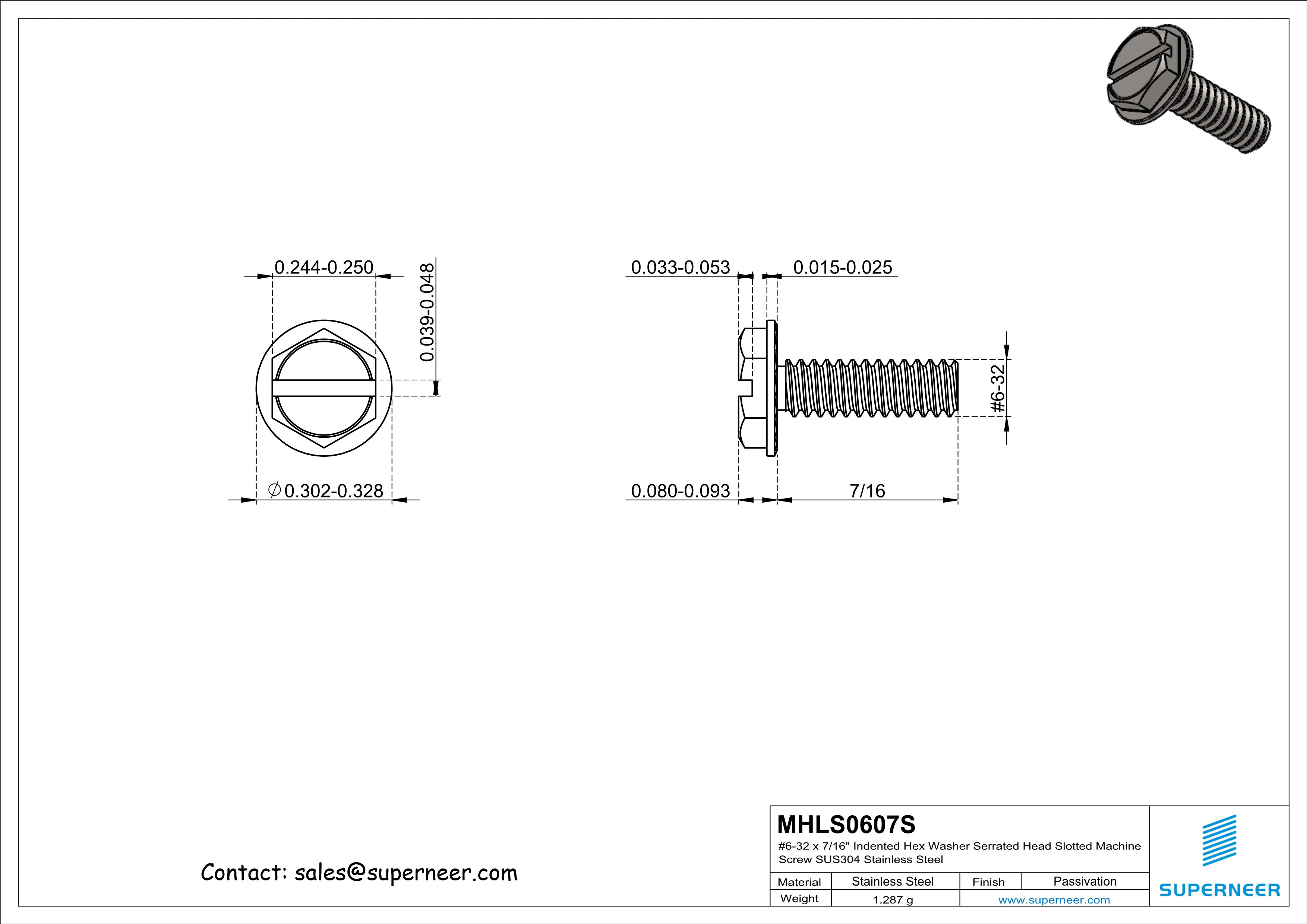 6-32 x 7/16“ Indented Hex Washer Serrated Head Slotted Machine Screw SUS304 Stainless Steel Inox