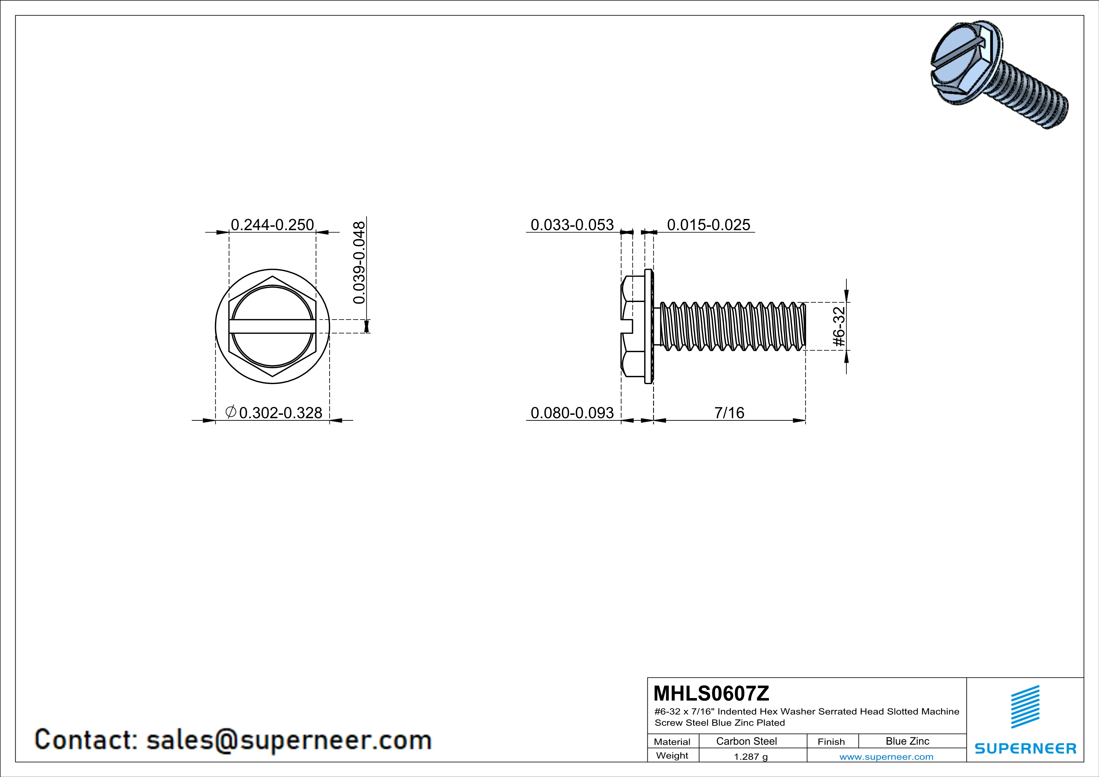 6-32 x 7/16“ Indented Hex Washer Serrated Head Slotted Machine Screw Steel Blue Zinc Plated