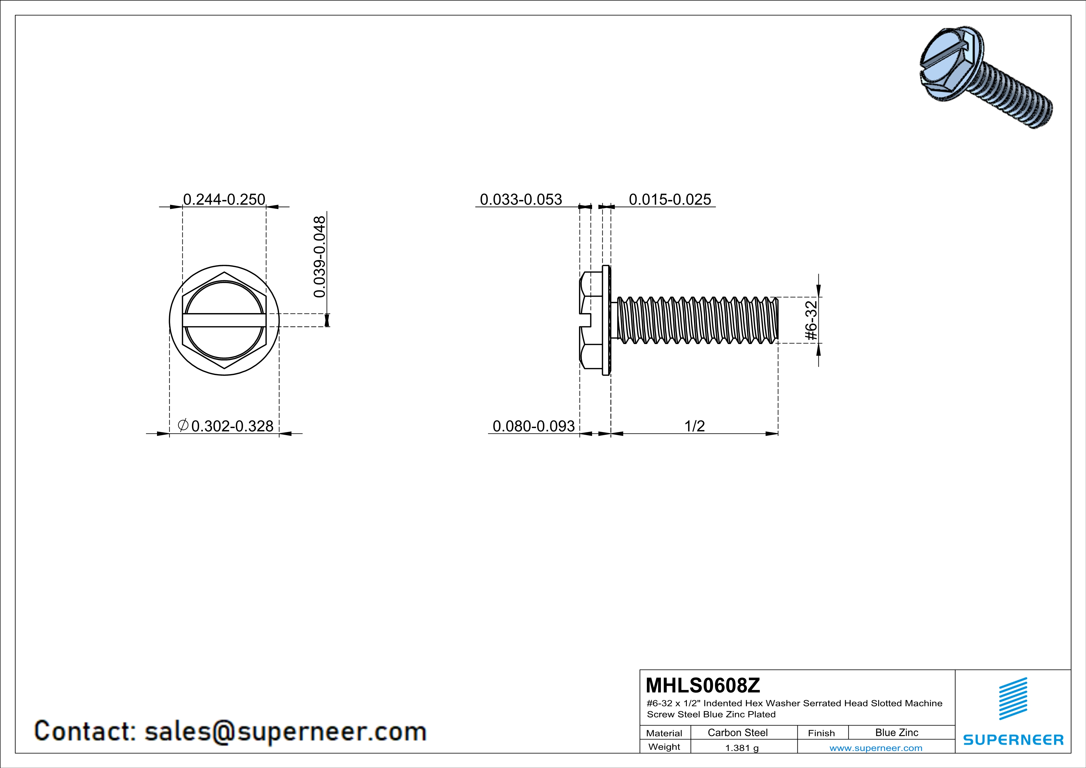 6-32 x 1/2" Indented Hex Washer Serrated Head Slotted Machine Screw Steel Blue Zinc Plated