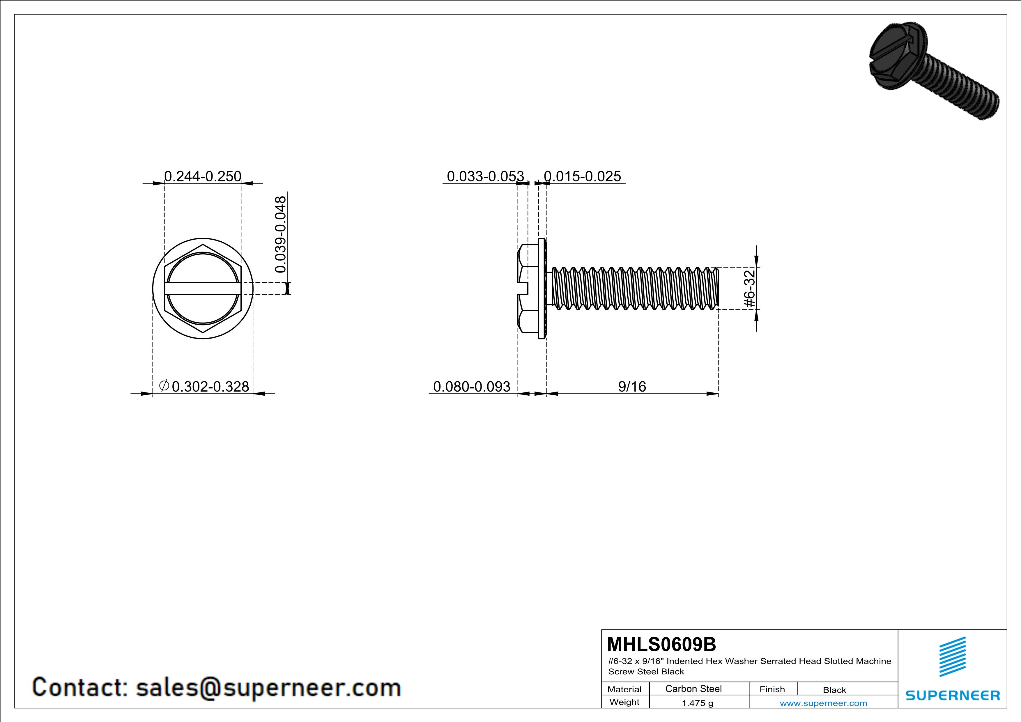 6-32 x 9/16“ Indented Hex Washer Serrated Head Slotted Machine Screw Steel Black