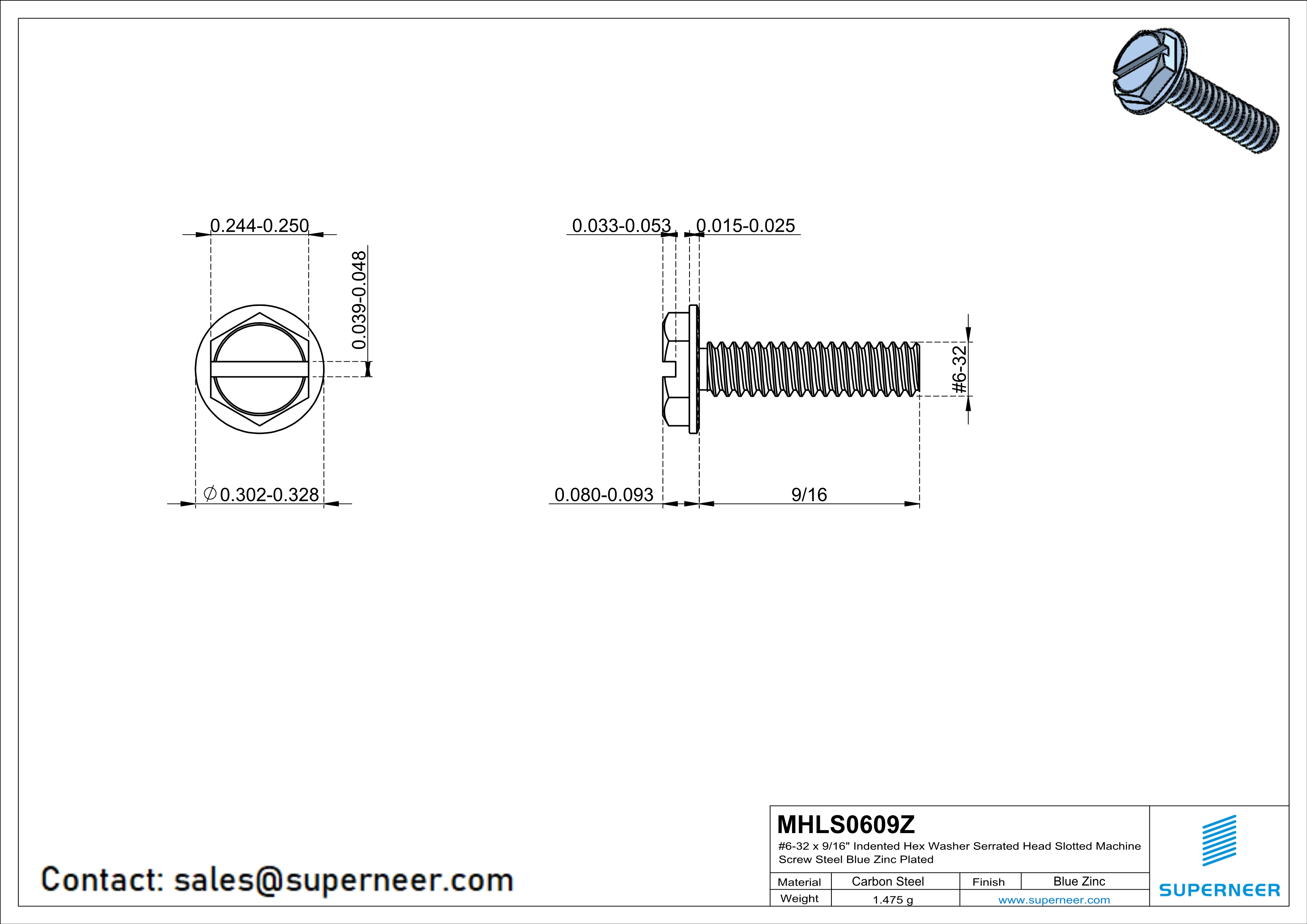 6-32 x 9/16“ Indented Hex Washer Serrated Head Slotted Machine Screw Steel Blue Zinc Plated