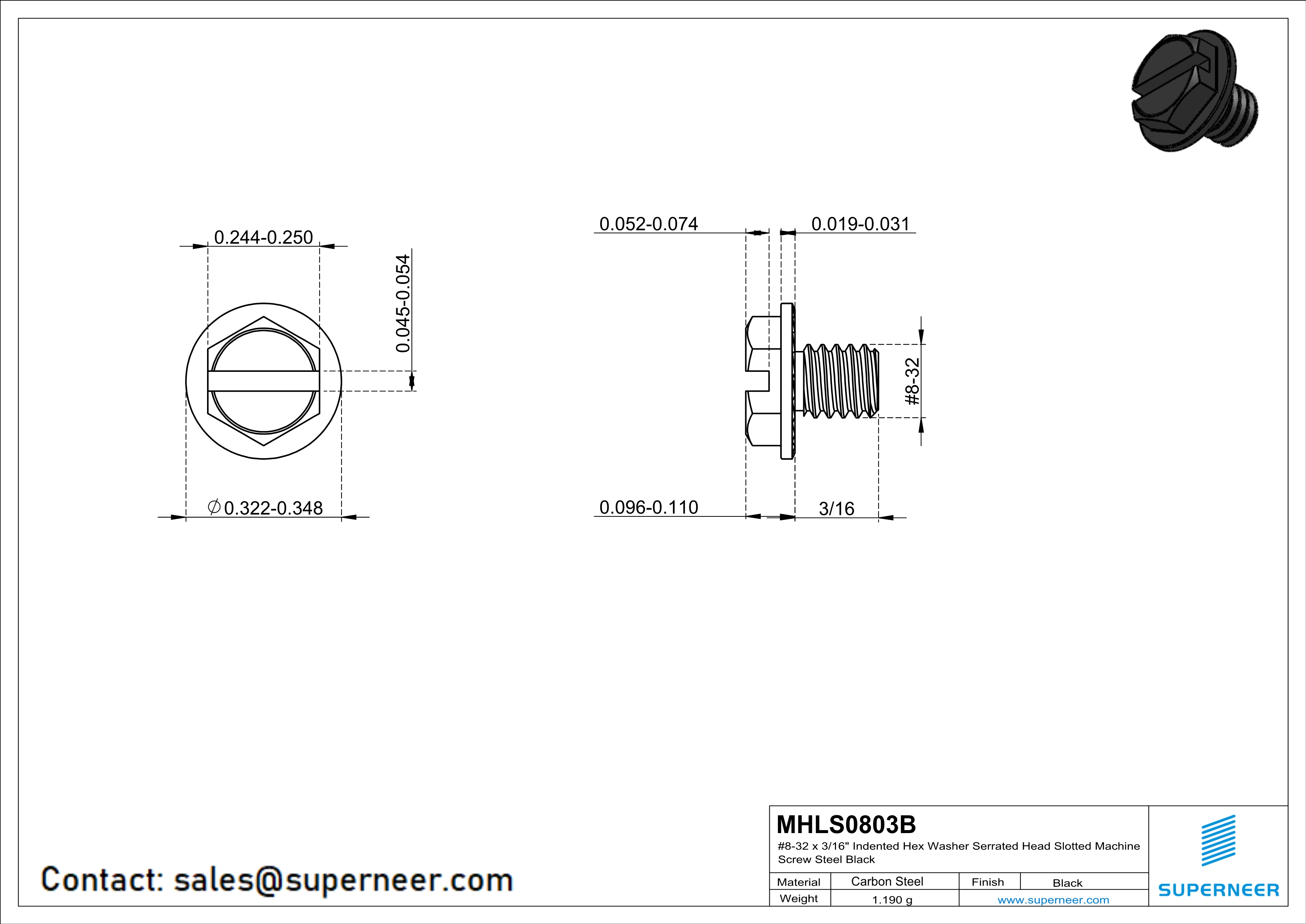 8-32 x 3/16" Indented Hex Washer Serrated Head Slotted Machine Screw Steel Black