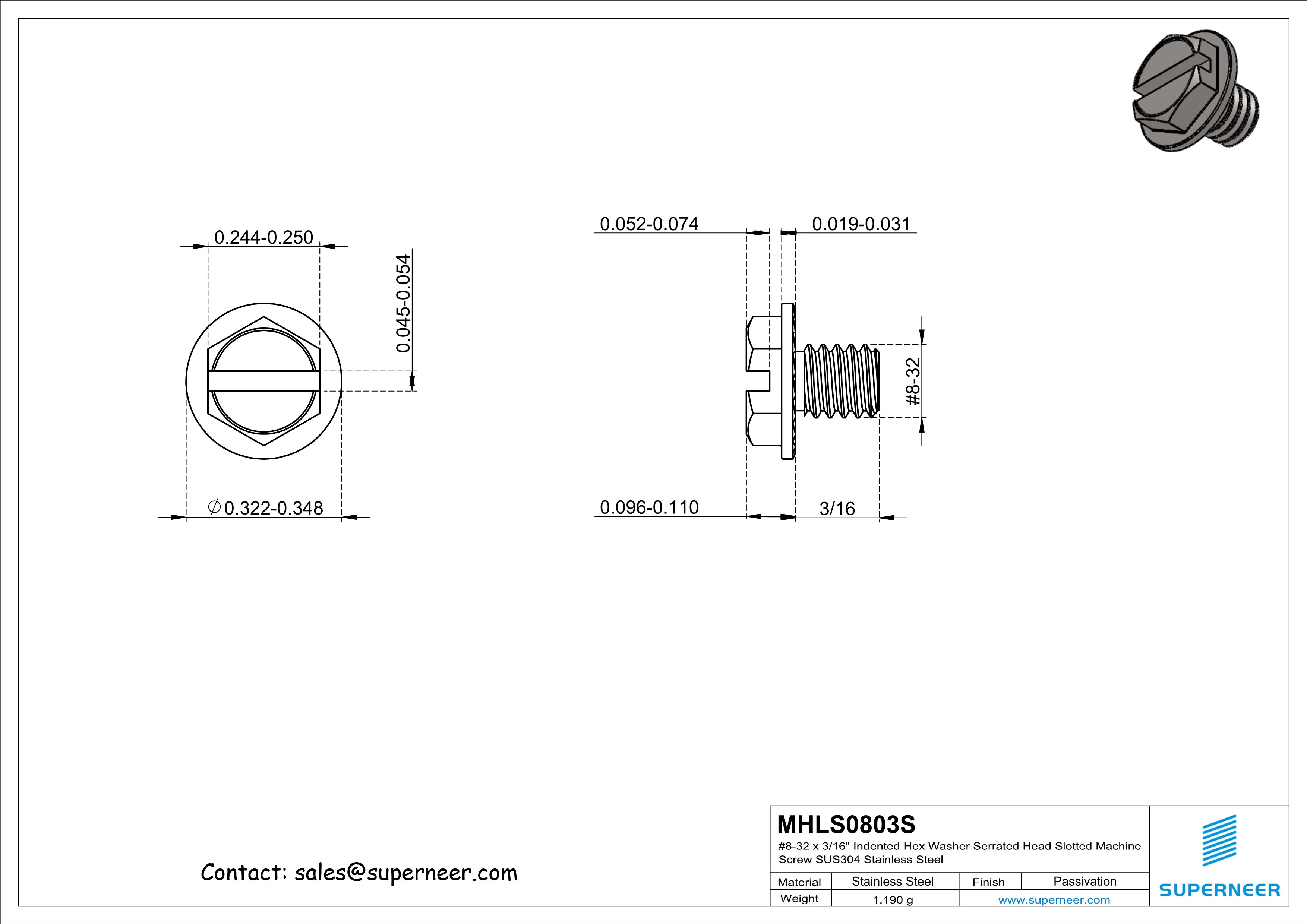 8-32 x 3/16" Indented Hex Washer Serrated Head Slotted Machine Screw SUS304 Stainless Steel Inox