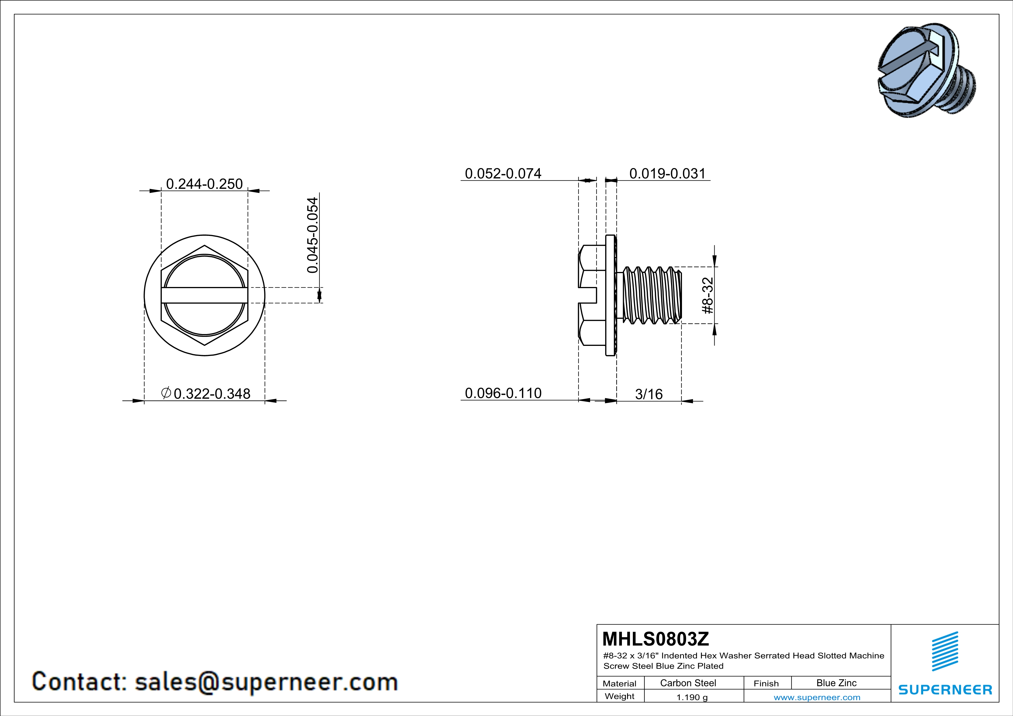 8-32 x 3/16" Indented Hex Washer Serrated Head Slotted Machine Screw Steel Blue Zinc Plated
