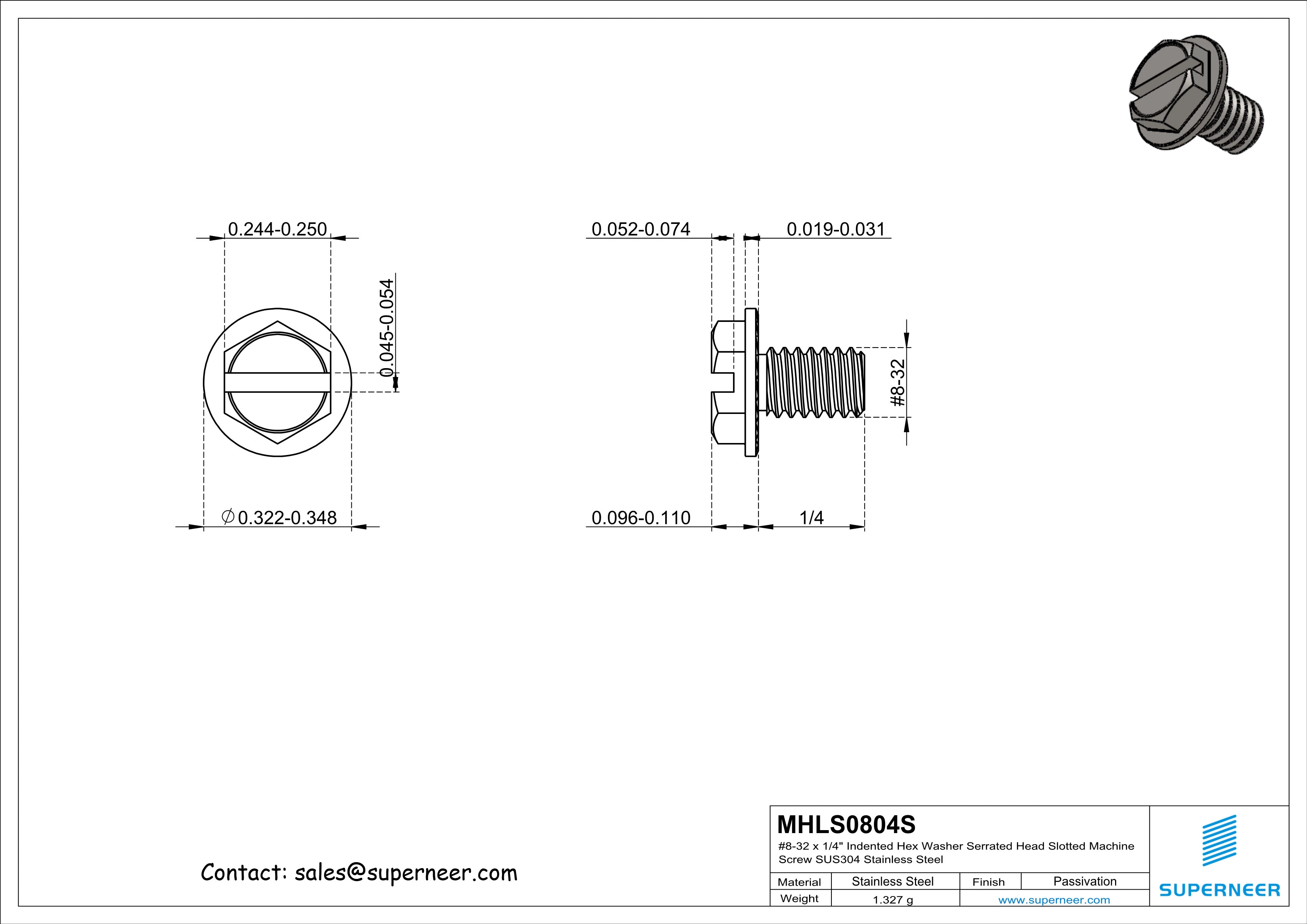 8-32 x 1/4" Indented Hex Washer Serrated Head Slotted Machine Screw SUS304 Stainless Steel Inox